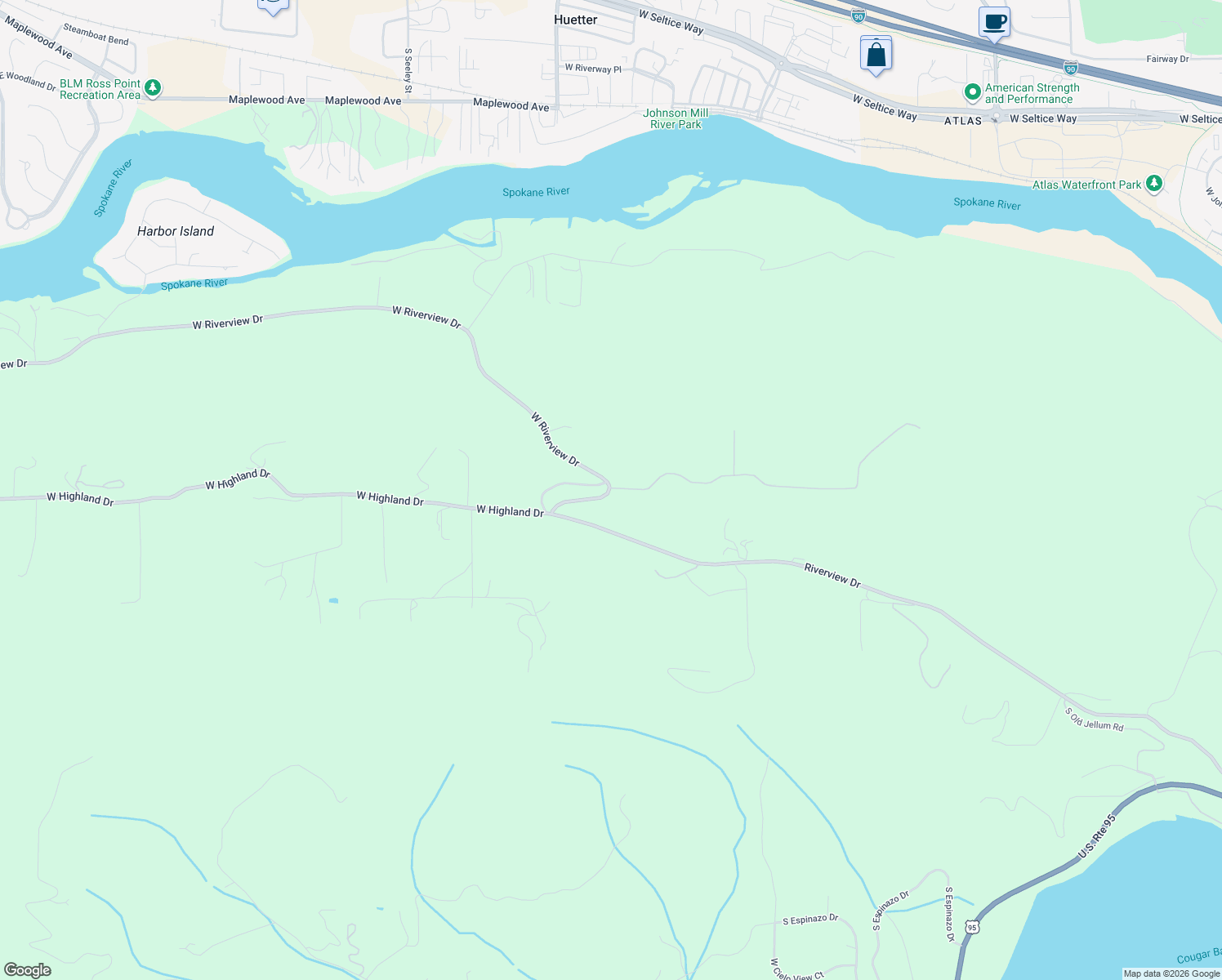 map of restaurants, bars, coffee shops, grocery stores, and more near 5469 West Riverview Drive in Coeur d'Alene