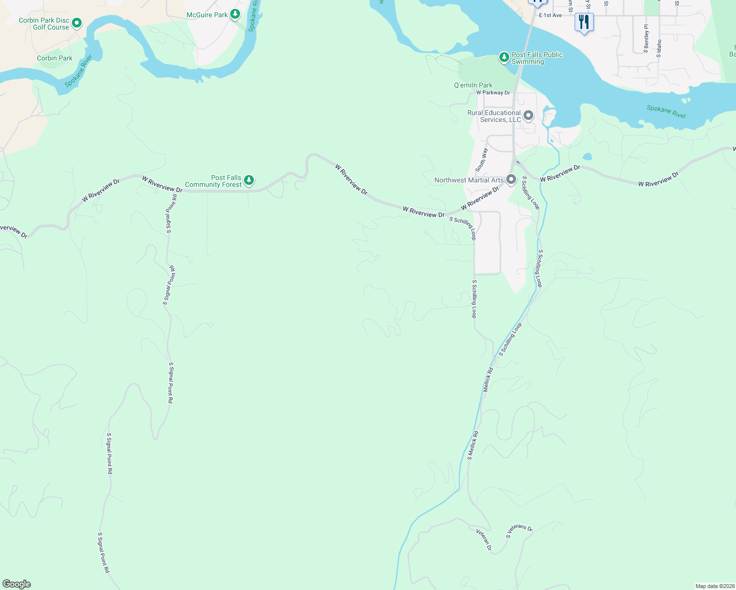 map of restaurants, bars, coffee shops, grocery stores, and more near 13476 West Margishward Road in Post Falls