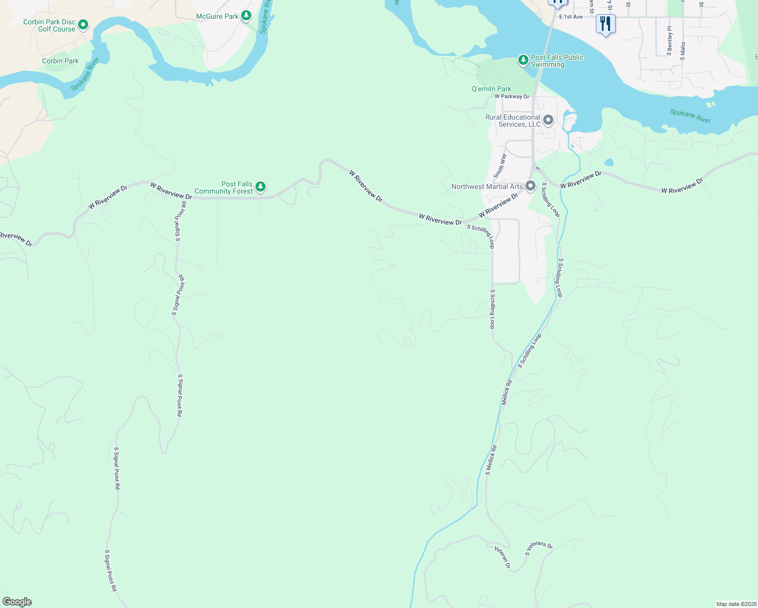map of restaurants, bars, coffee shops, grocery stores, and more near 13476 West Margishward Road in Post Falls