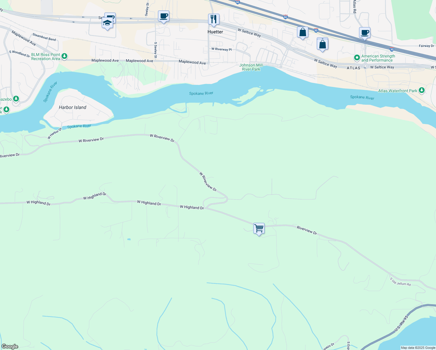 map of restaurants, bars, coffee shops, grocery stores, and more near 5803 West Riverview Drive in Coeur d'Alene