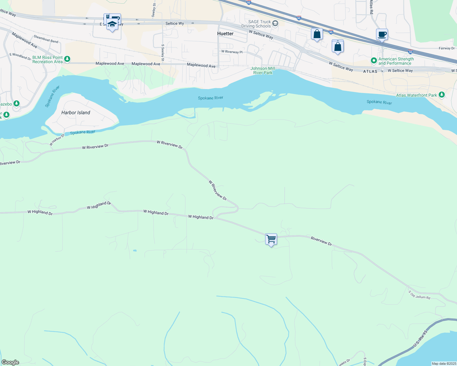 map of restaurants, bars, coffee shops, grocery stores, and more near 5803 West Riverview Drive in Coeur d'Alene