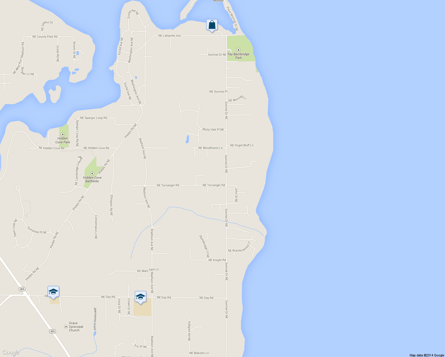 map of restaurants, bars, coffee shops, grocery stores, and more near 14025 Sunrise Drive Northeast in Bainbridge Island