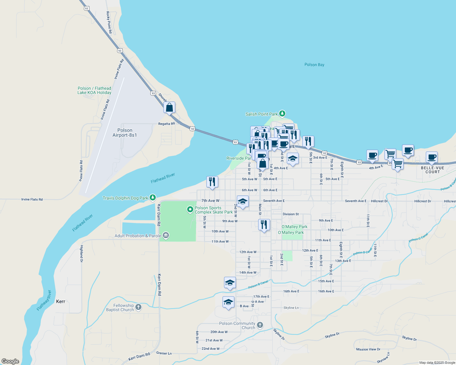 map of restaurants, bars, coffee shops, grocery stores, and more near 205 5th Ave W in Polson