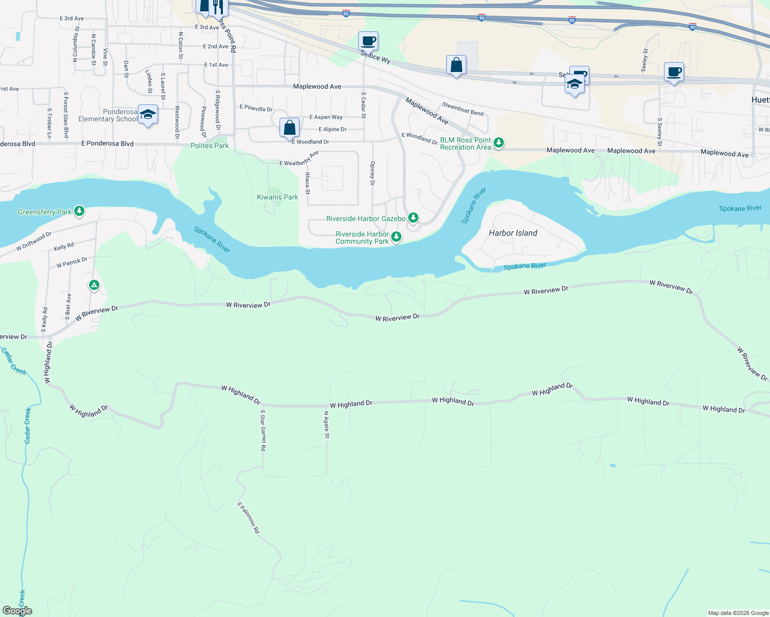 map of restaurants, bars, coffee shops, grocery stores, and more near 8287 West Riverview Drive in Coeur d'Alene