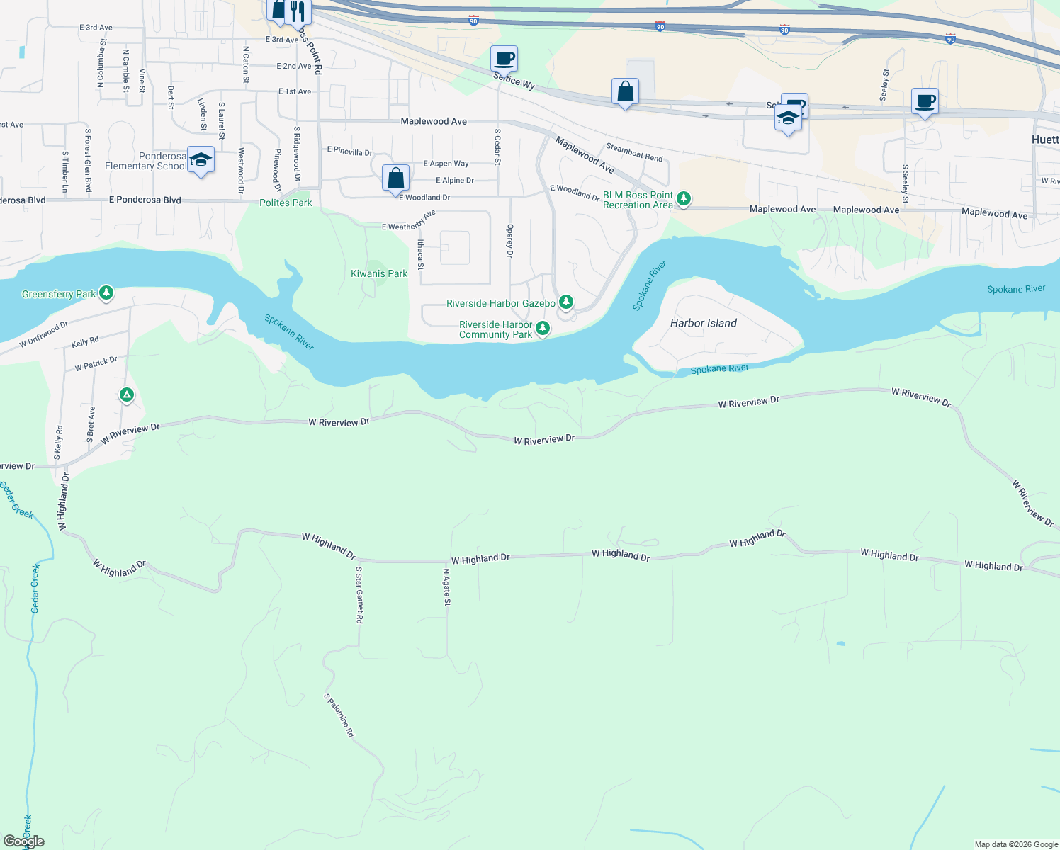 map of restaurants, bars, coffee shops, grocery stores, and more near 8287 West Riverview Drive in Coeur d'Alene