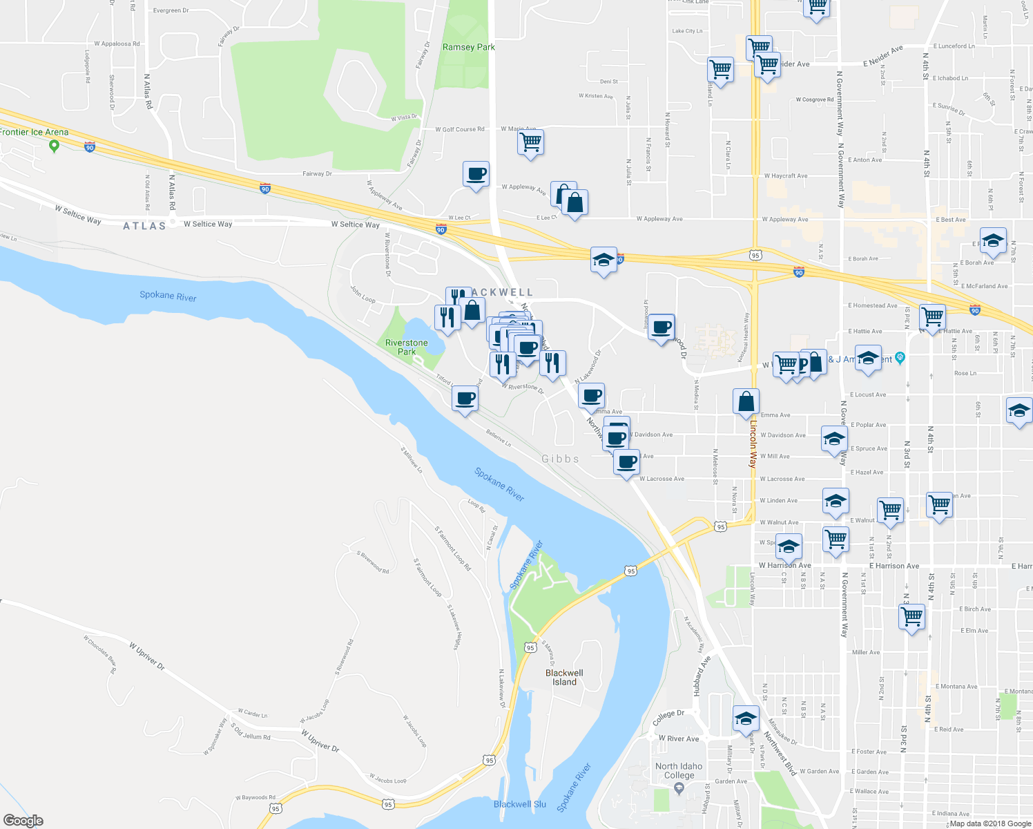 map of restaurants, bars, coffee shops, grocery stores, and more near 1859 North Lakewood Drive in Coeur d'Alene
