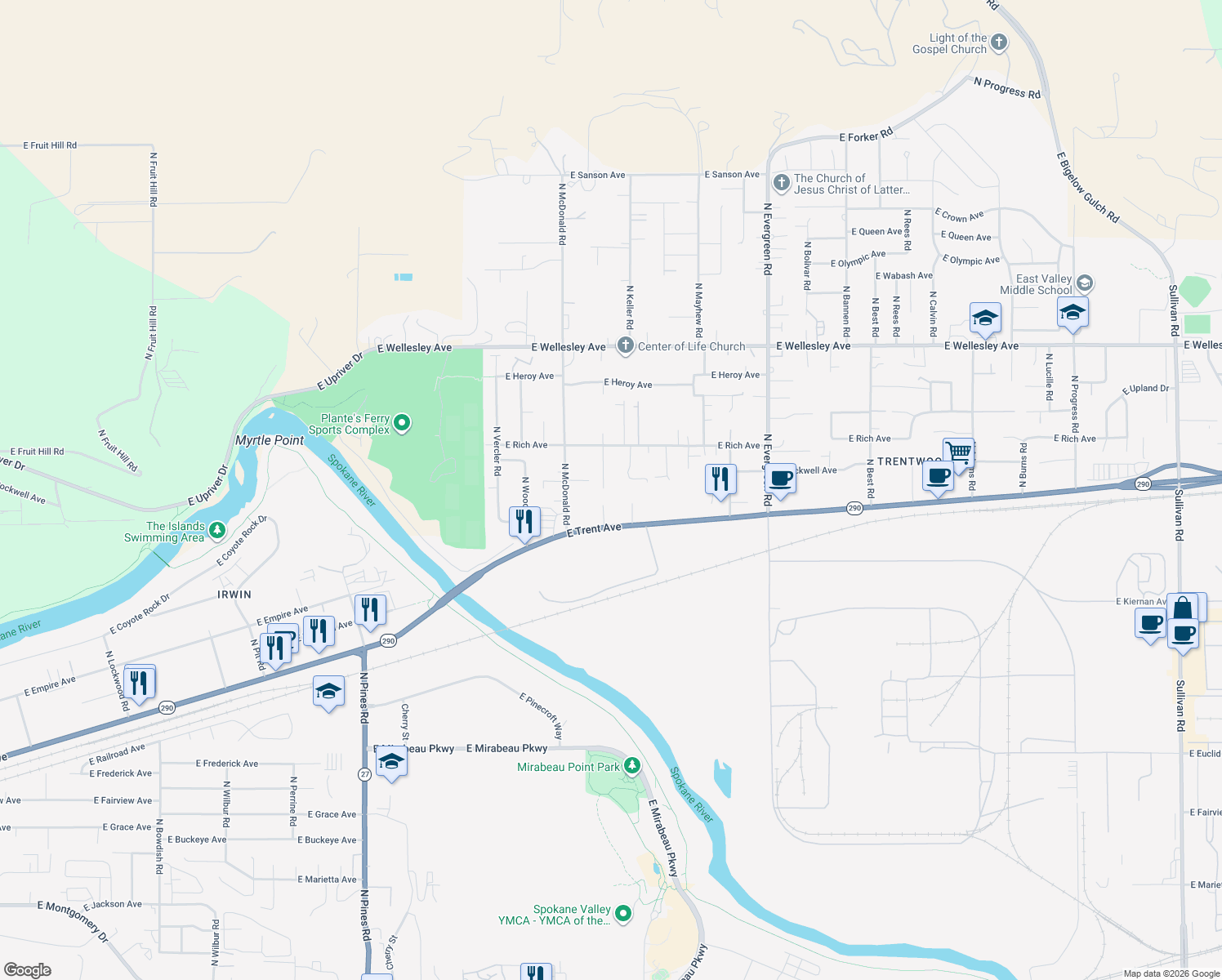 map of restaurants, bars, coffee shops, grocery stores, and more near 4210 North Silas Road in Spokane Valley