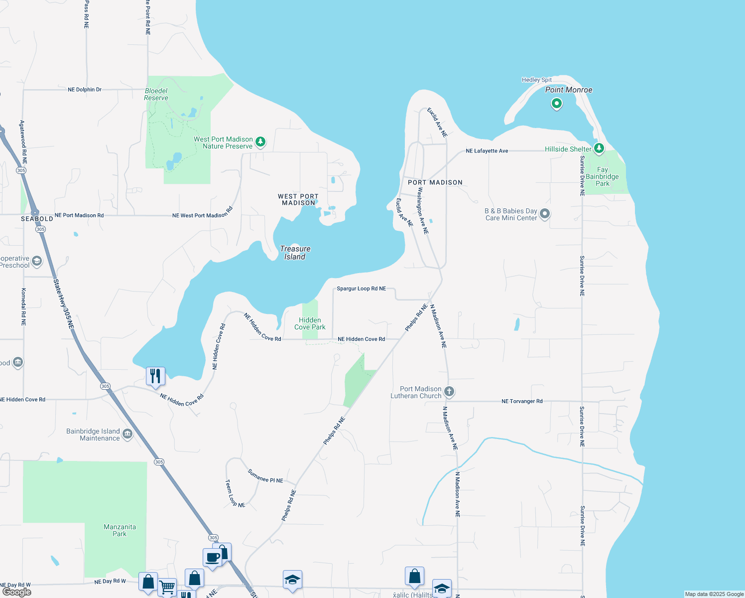 map of restaurants, bars, coffee shops, grocery stores, and more near 8955 Northeast Spargur Loop Road in Bainbridge Island