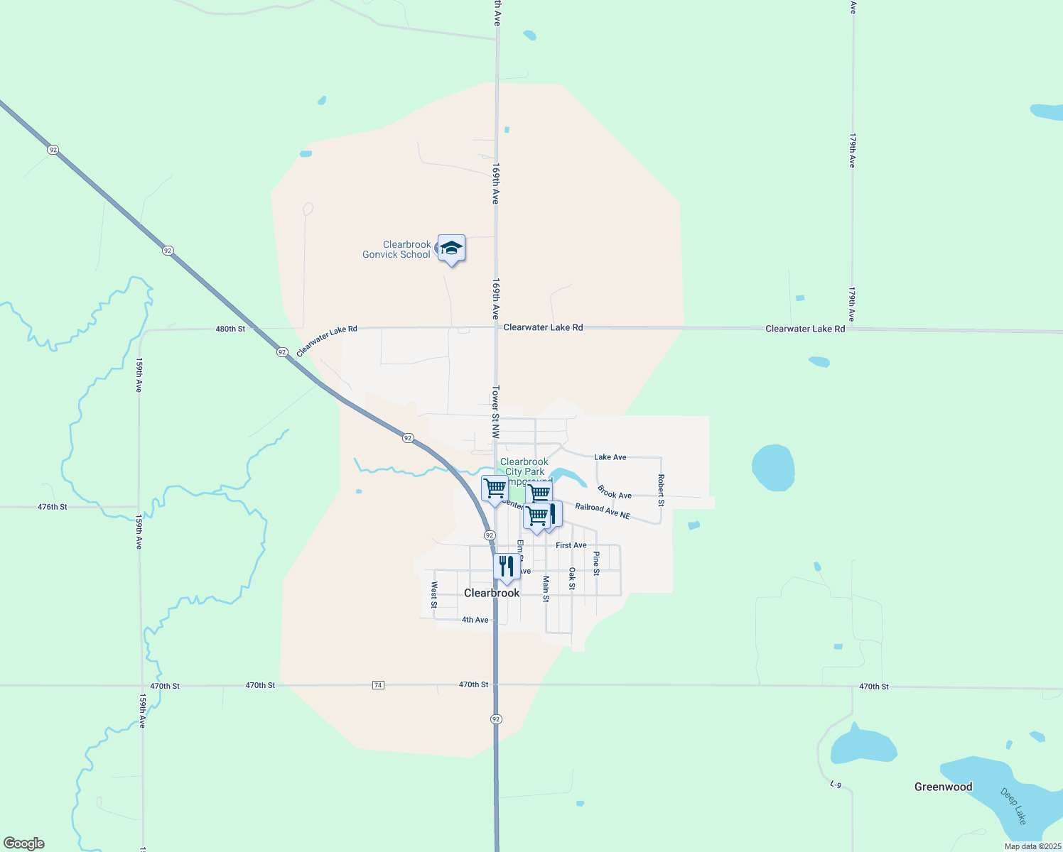 map of restaurants, bars, coffee shops, grocery stores, and more near 319 Main Street in Clearbrook