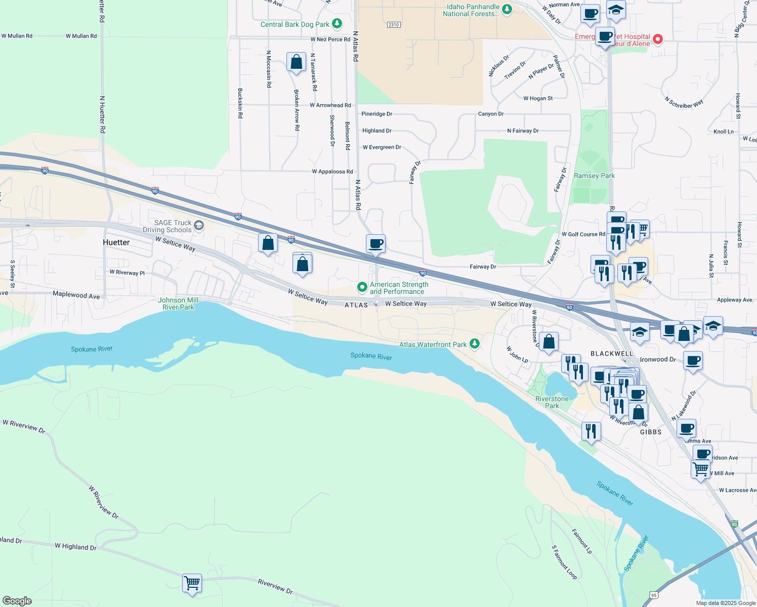 map of restaurants, bars, coffee shops, grocery stores, and more near 3098 E Seltice Way in Coeur d'Alene