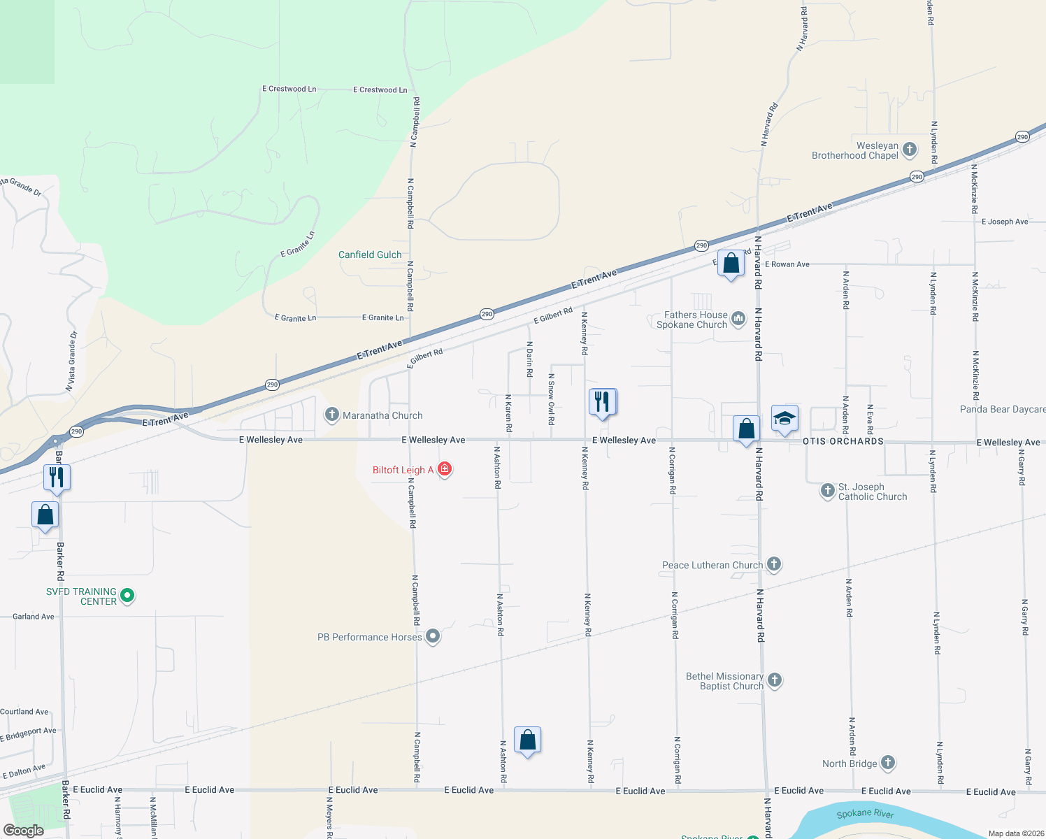 map of restaurants, bars, coffee shops, grocery stores, and more near 4907 North Darin Road in Otis Orchards-East Farms