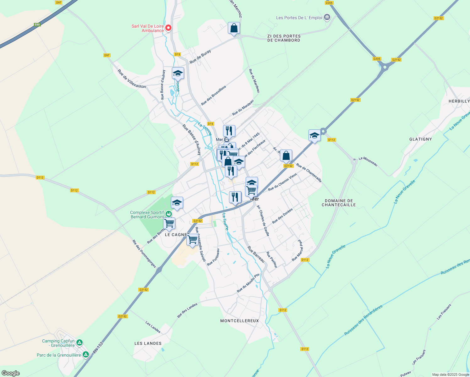 map of restaurants, bars, coffee shops, grocery stores, and more near 26 Rue Jean et Guy Dutems in Mer