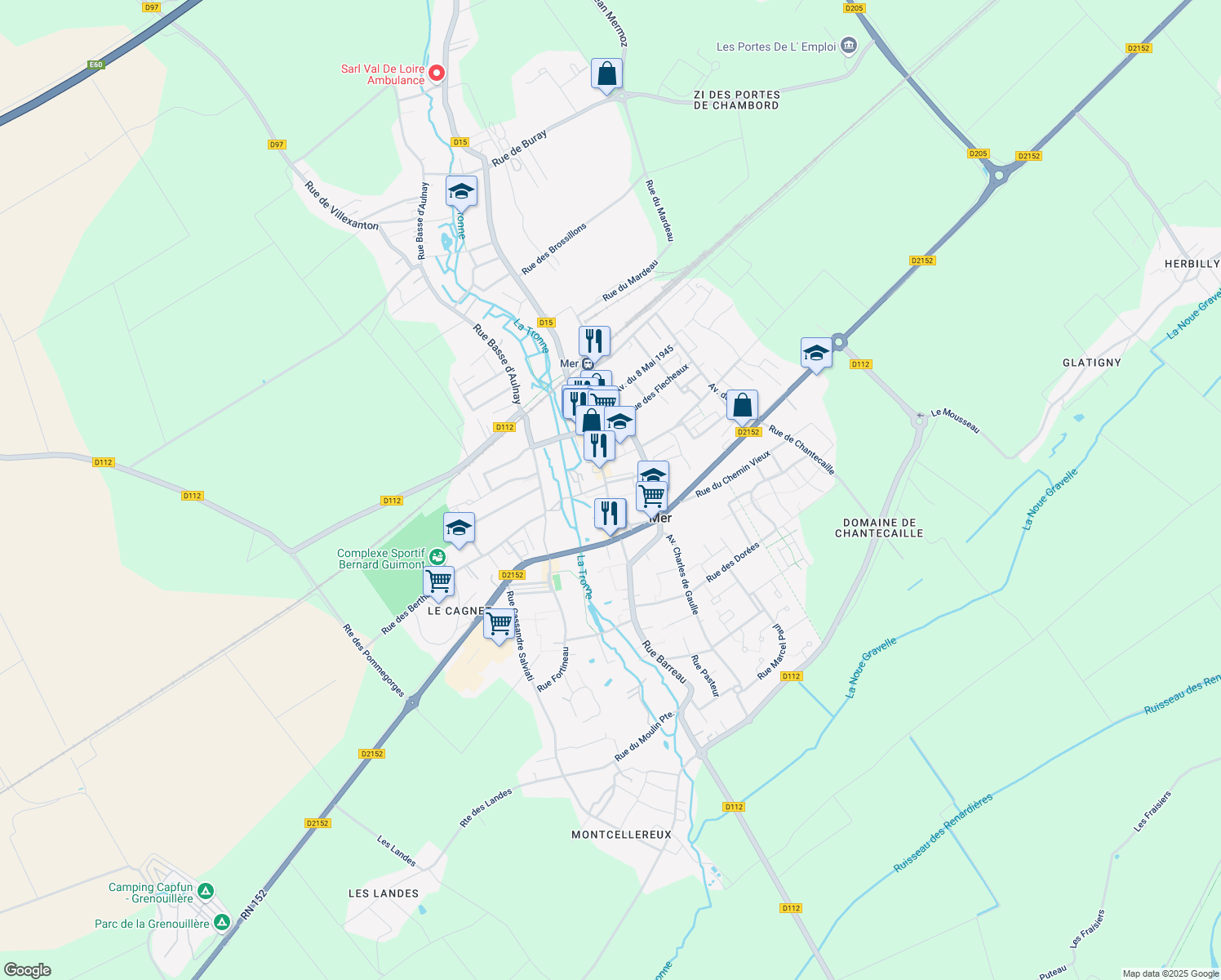 map of restaurants, bars, coffee shops, grocery stores, and more near 26 Rue Jean et Guy Dutems in Mer