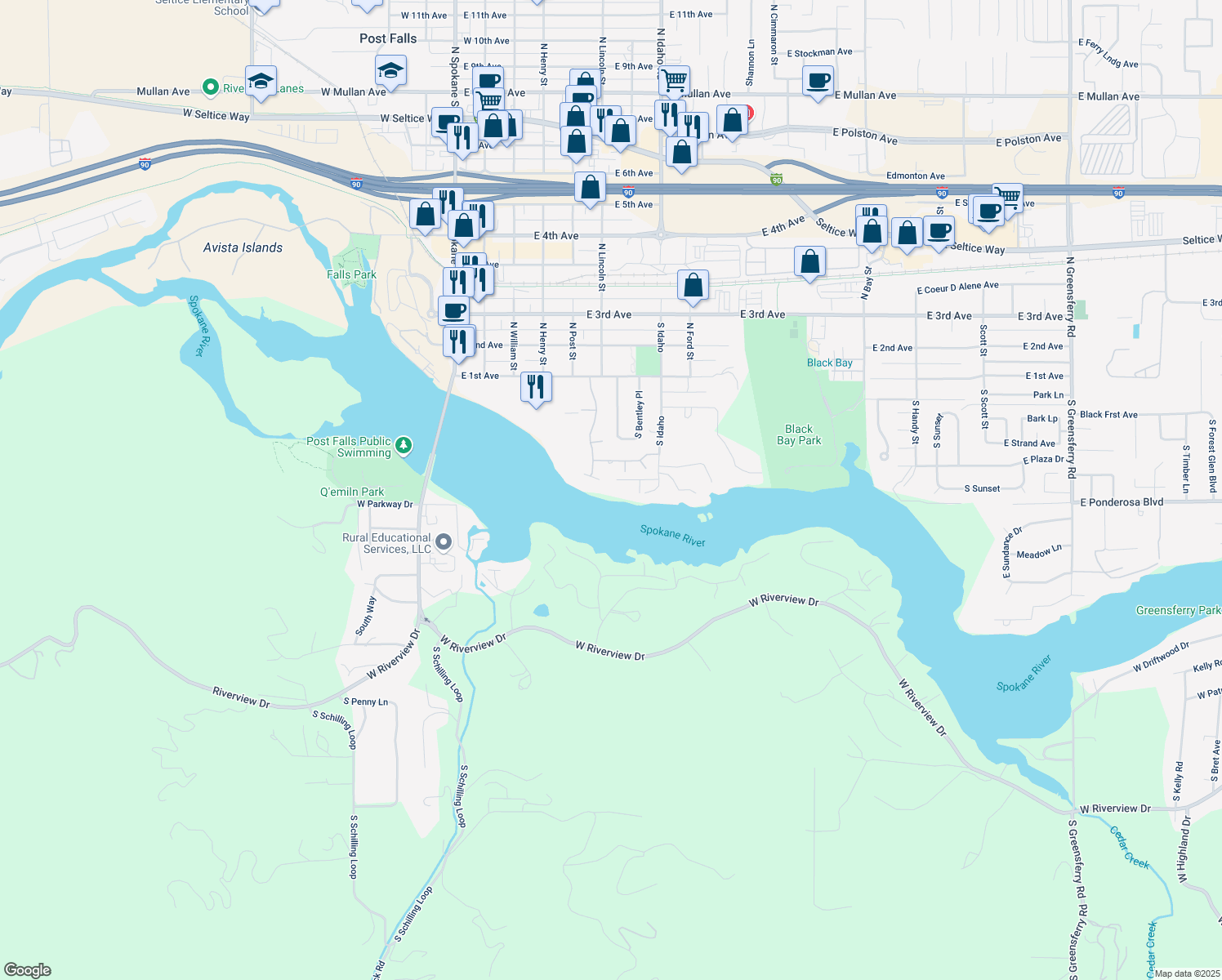 map of restaurants, bars, coffee shops, grocery stores, and more near 700 East Anchor Way in Post Falls