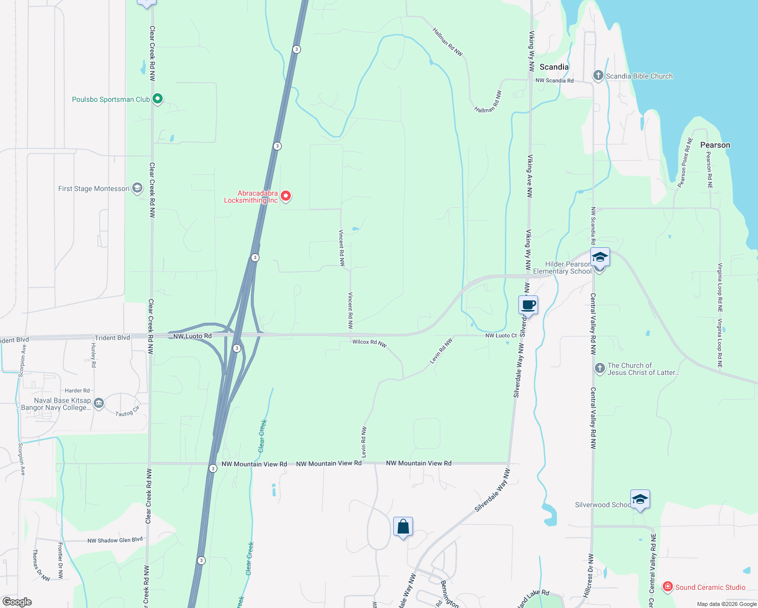 map of restaurants, bars, coffee shops, grocery stores, and more near 15315 Bay Ridge Drive Northwest in Poulsbo