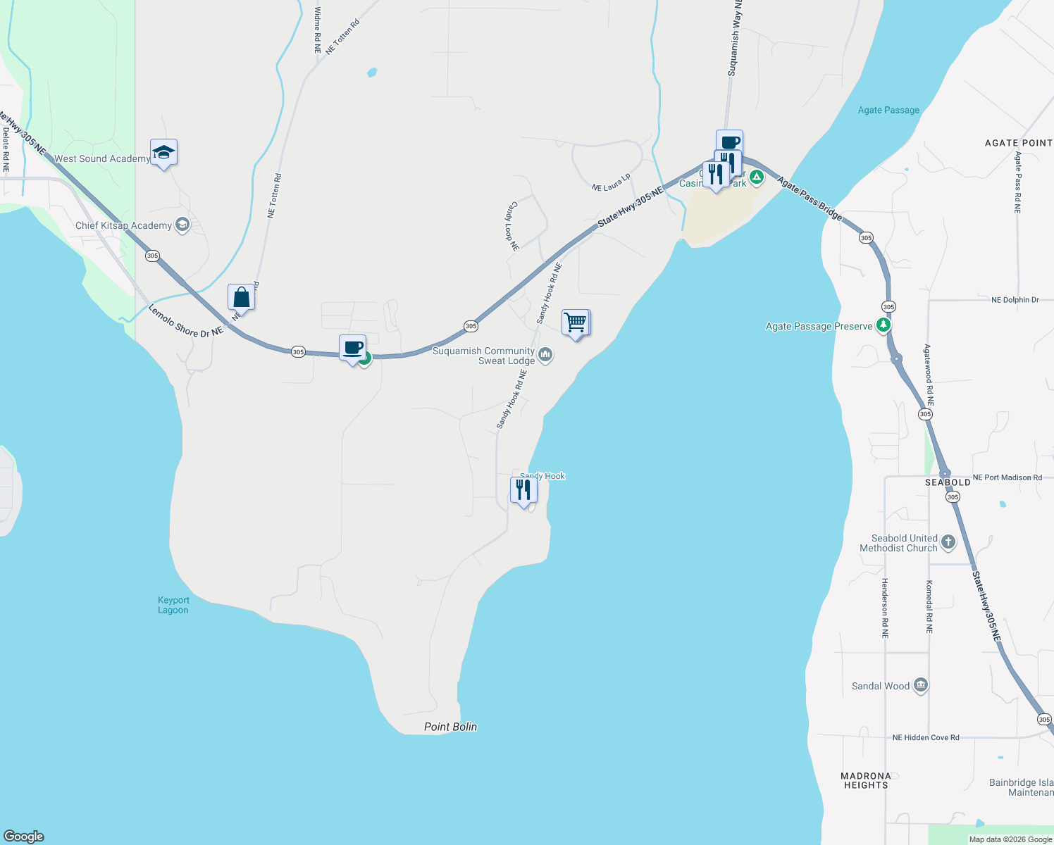 map of restaurants, bars, coffee shops, grocery stores, and more near 15558 Sandy Hook Rd NE in Poulsbo