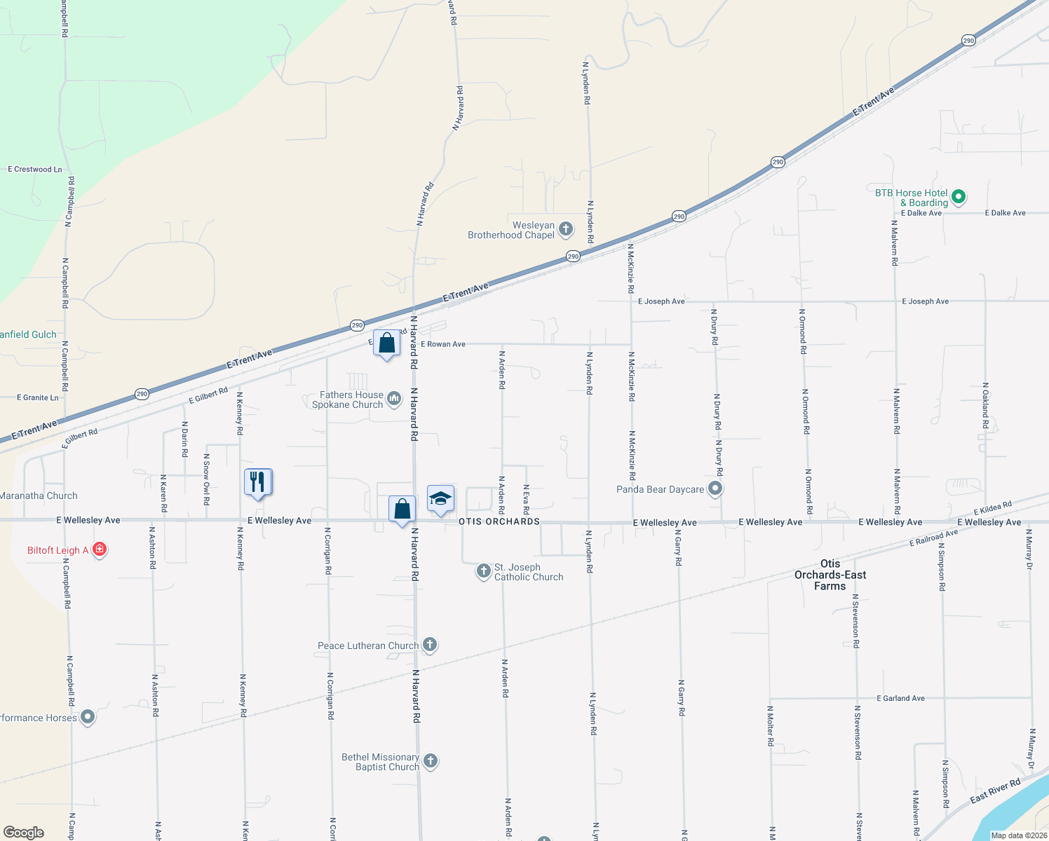 map of restaurants, bars, coffee shops, grocery stores, and more near 5220 N Arden Rd in Otis Orchards-East Farms