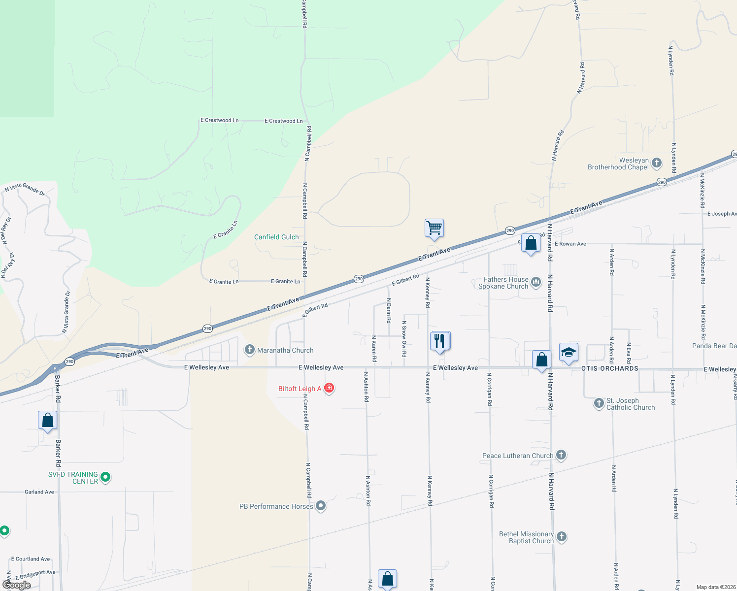 map of restaurants, bars, coffee shops, grocery stores, and more near 20706 East Gilbert Road in Otis Orchards-East Farms