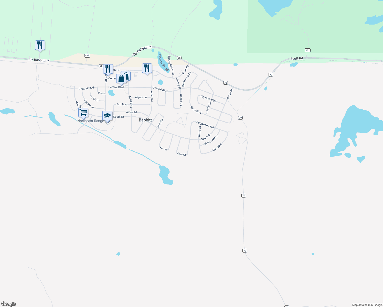 map of restaurants, bars, coffee shops, grocery stores, and more near 46 Fern Court in Babbitt