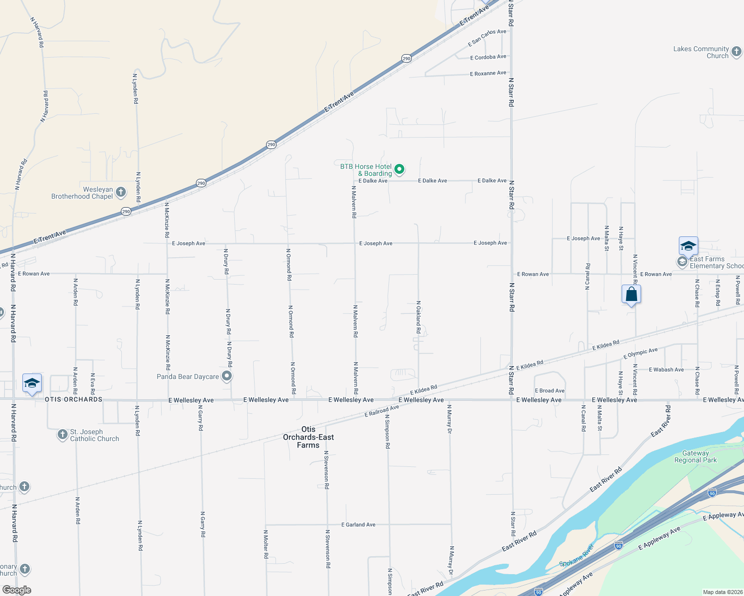 map of restaurants, bars, coffee shops, grocery stores, and more near 5410 N Malvern Rd in Otis Orchards-East Farms