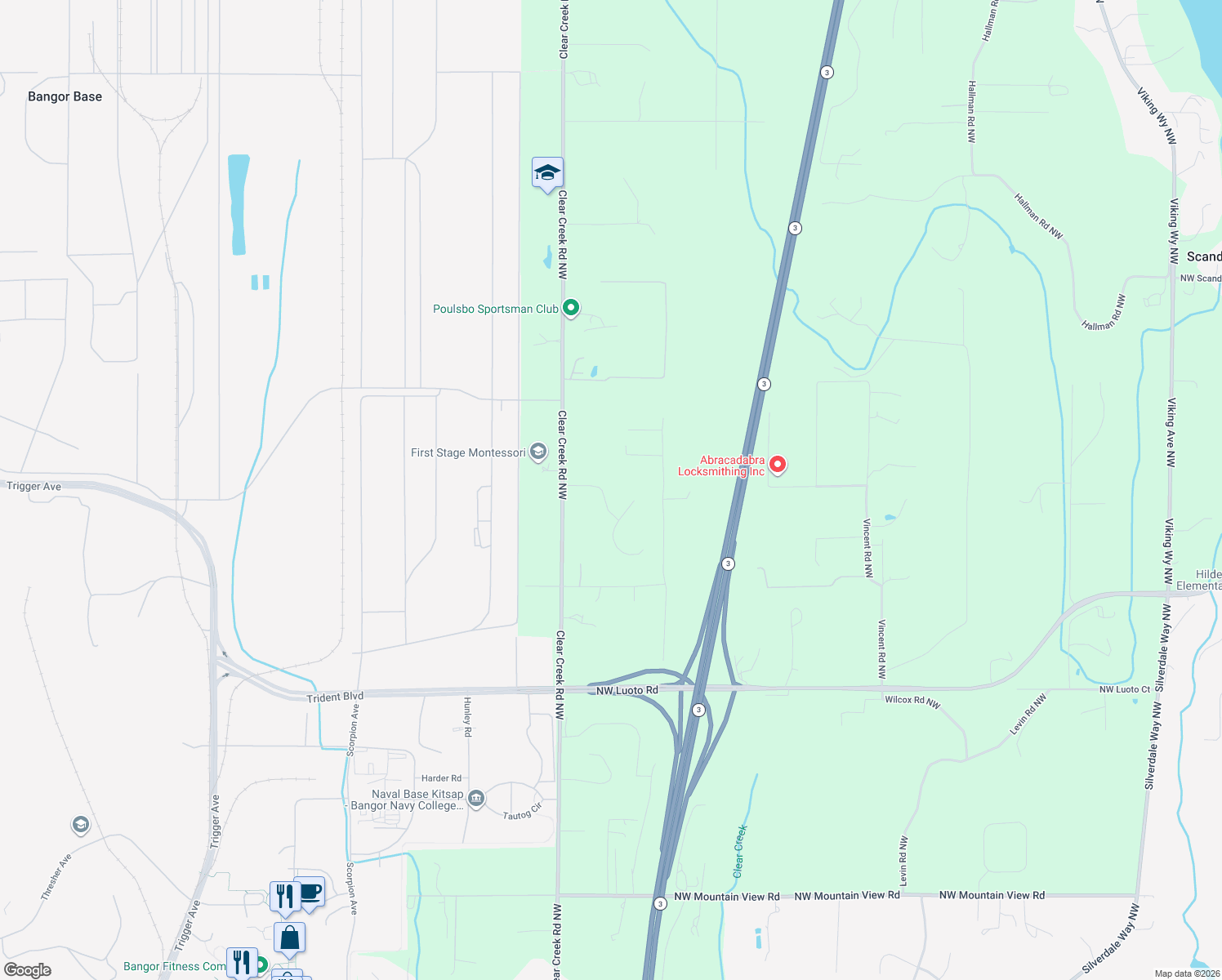 map of restaurants, bars, coffee shops, grocery stores, and more near 3090 Closser Drive Northwest in Poulsbo