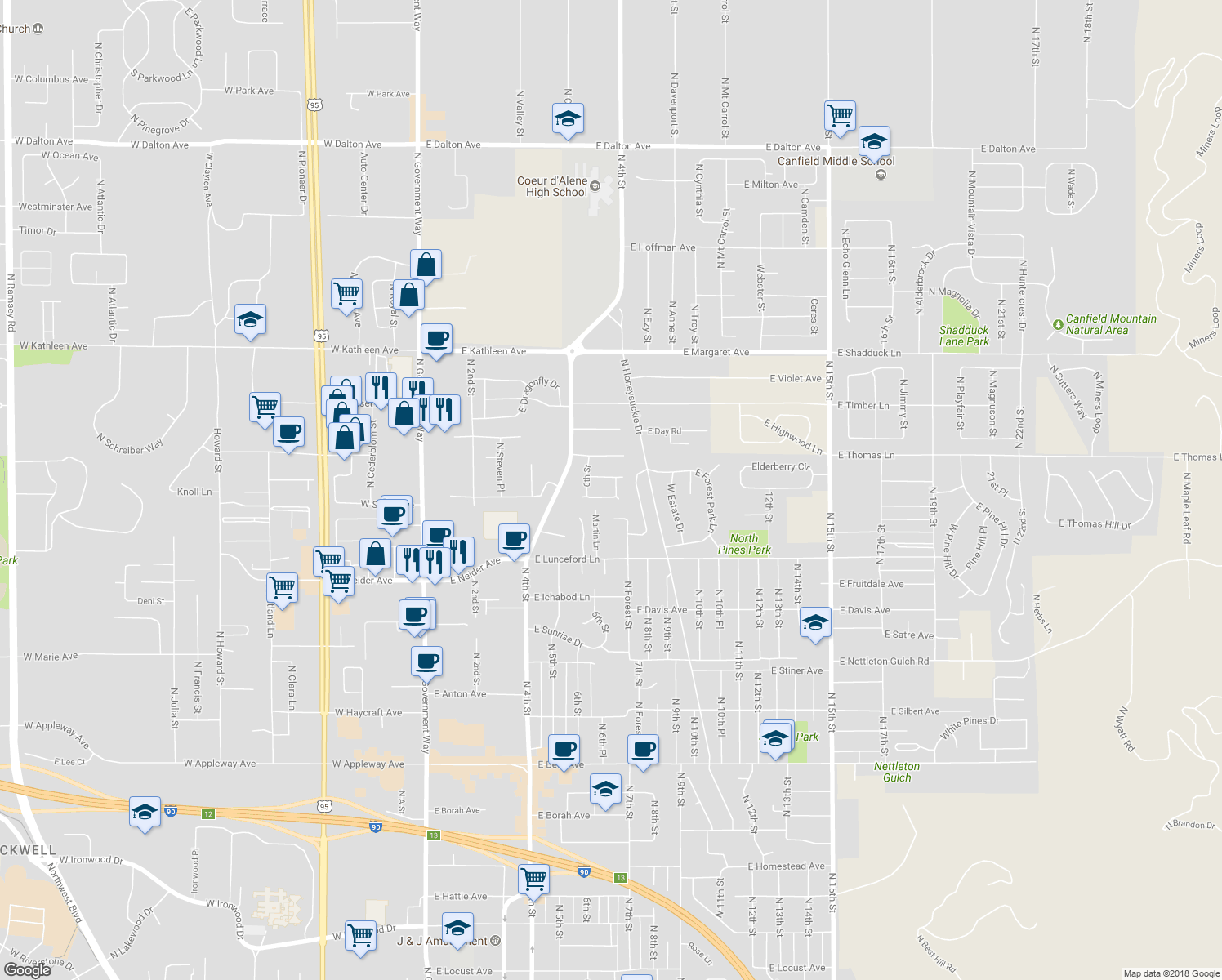 map of restaurants, bars, coffee shops, grocery stores, and more near 747 East Red Fir Lane in Coeur d'Alene