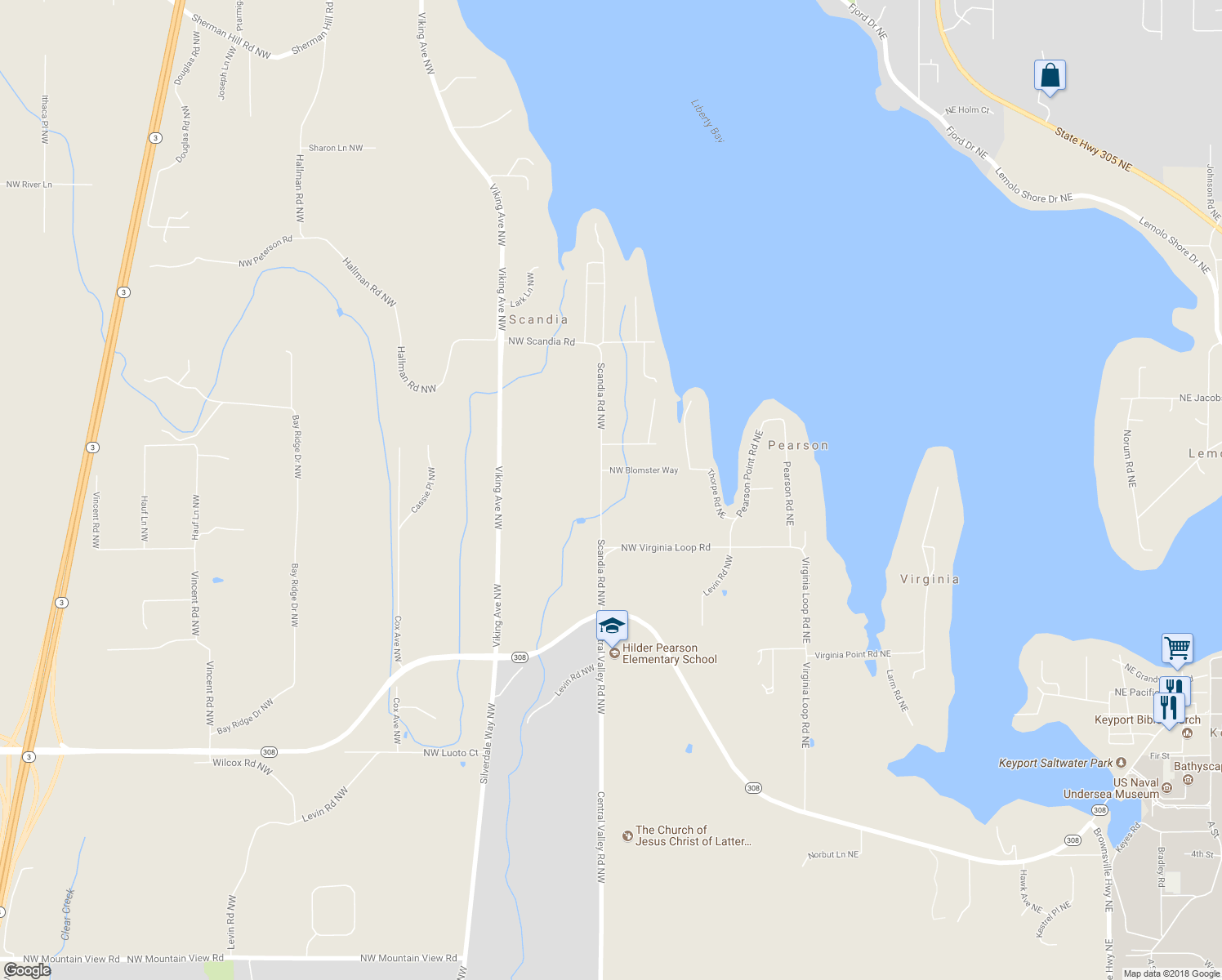 map of restaurants, bars, coffee shops, grocery stores, and more near 16300 Scandia Road Northwest in Poulsbo