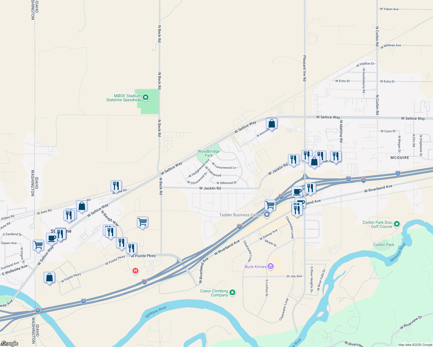 map of restaurants, bars, coffee shops, grocery stores, and more near 5049 West Palmwood Lane in Post Falls