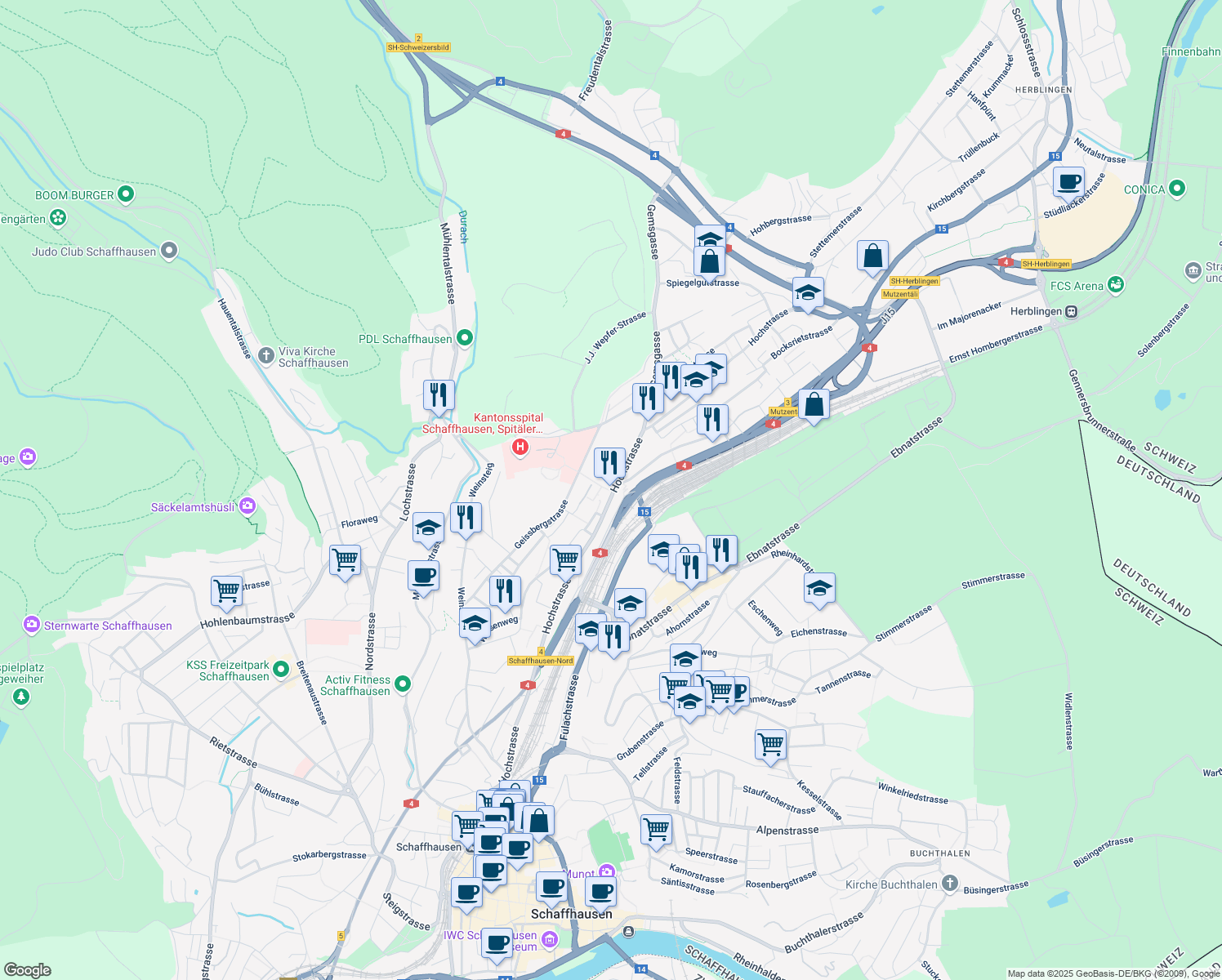 map of restaurants, bars, coffee shops, grocery stores, and more near 201 Hochstrasse in Schaffhausen