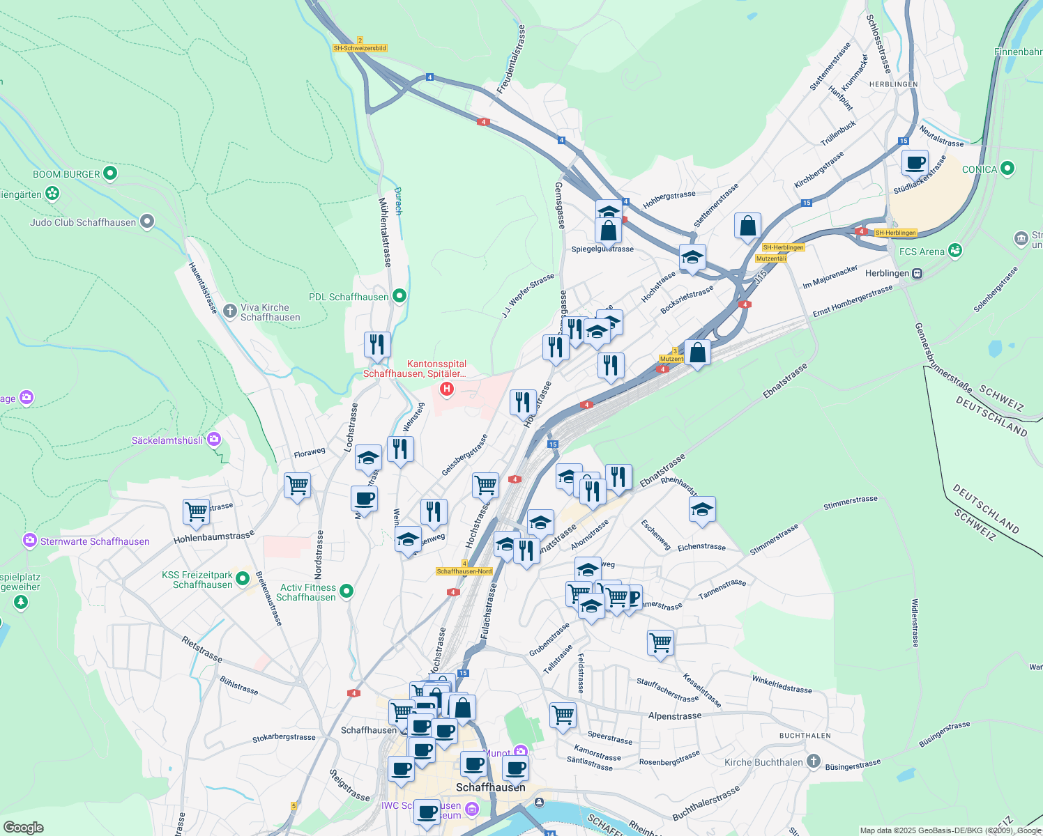 map of restaurants, bars, coffee shops, grocery stores, and more near 201 Hochstrasse in Schaffhausen