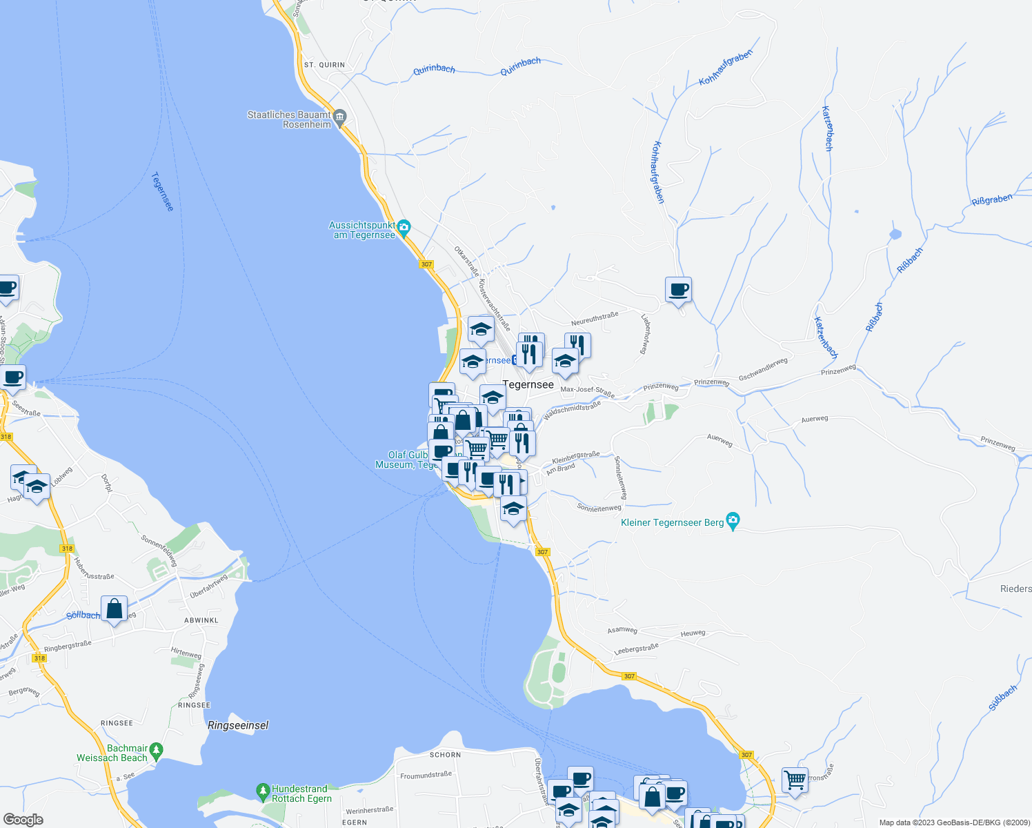 map of restaurants, bars, coffee shops, grocery stores, and more near 29 Bahnhofstraße in Tegernsee