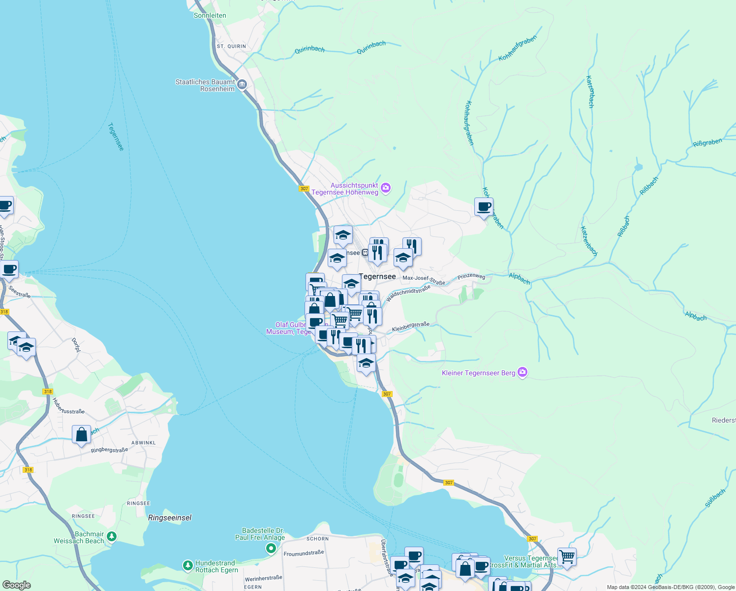 map of restaurants, bars, coffee shops, grocery stores, and more near 29 Bahnhofstraße in Tegernsee