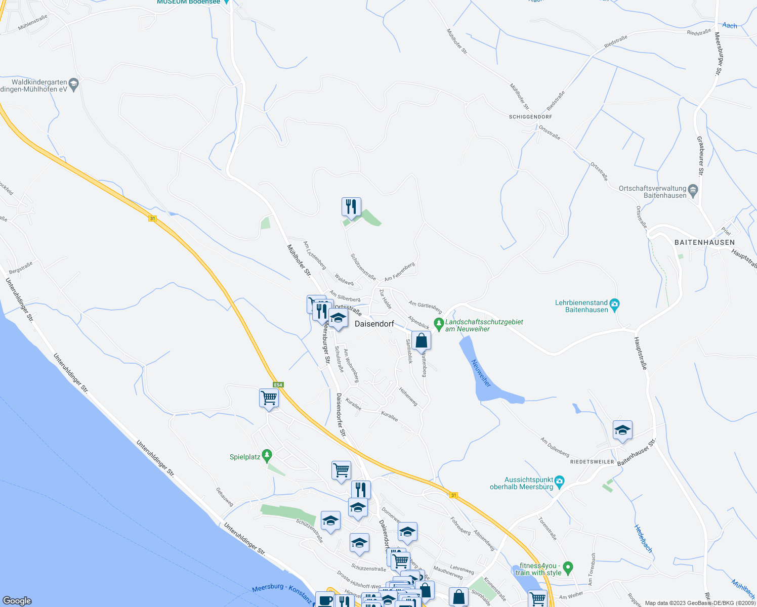 map of restaurants, bars, coffee shops, grocery stores, and more near 6A Am Fehrenberg in Daisendorf
