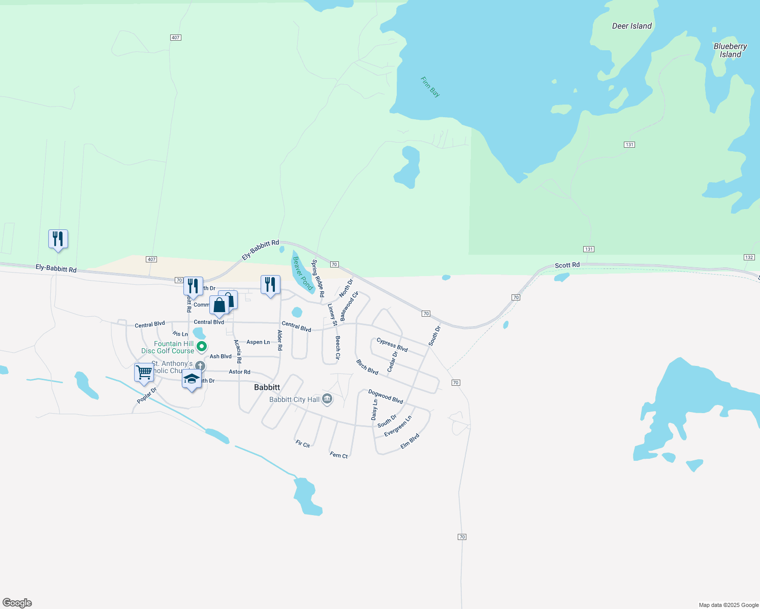 map of restaurants, bars, coffee shops, grocery stores, and more near 20 Cottonwood Court in Babbitt