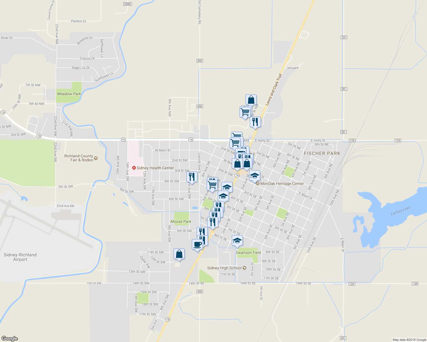 map of restaurants, bars, coffee shops, grocery stores, and more near 209 3rd Avenue Southwest in Sidney