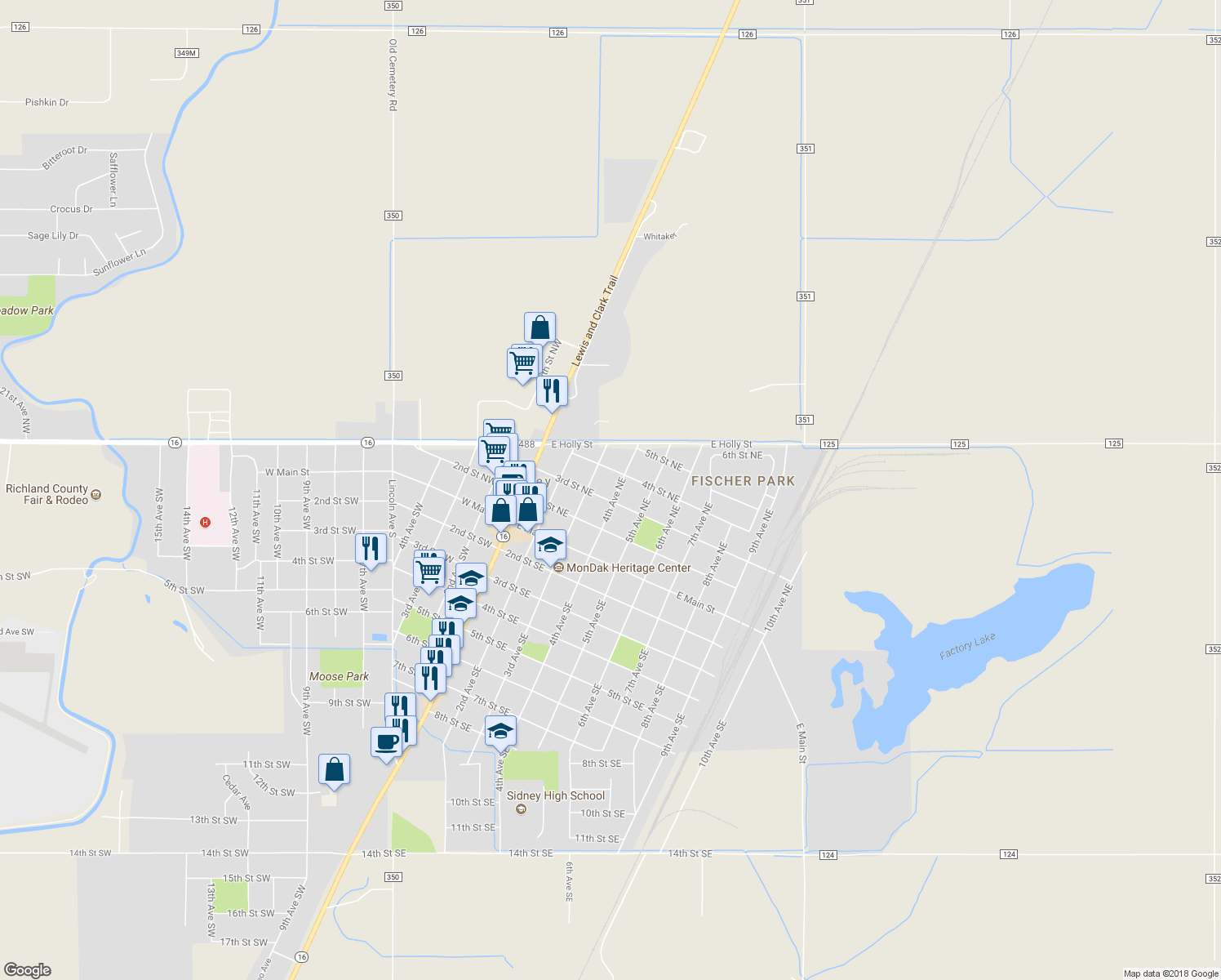 map of restaurants, bars, coffee shops, grocery stores, and more near 318 3rd Street Northeast in Sidney