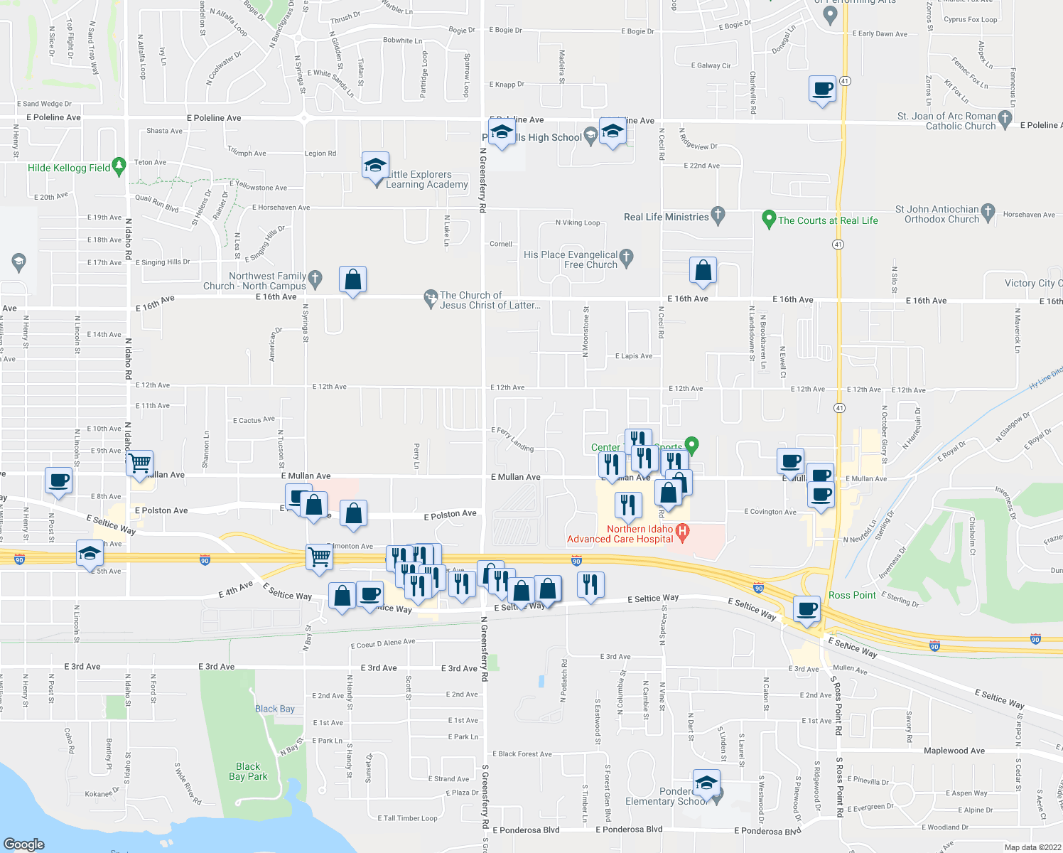 map of restaurants, bars, coffee shops, grocery stores, and more near 1040 N Whidbey Ln in Post Falls