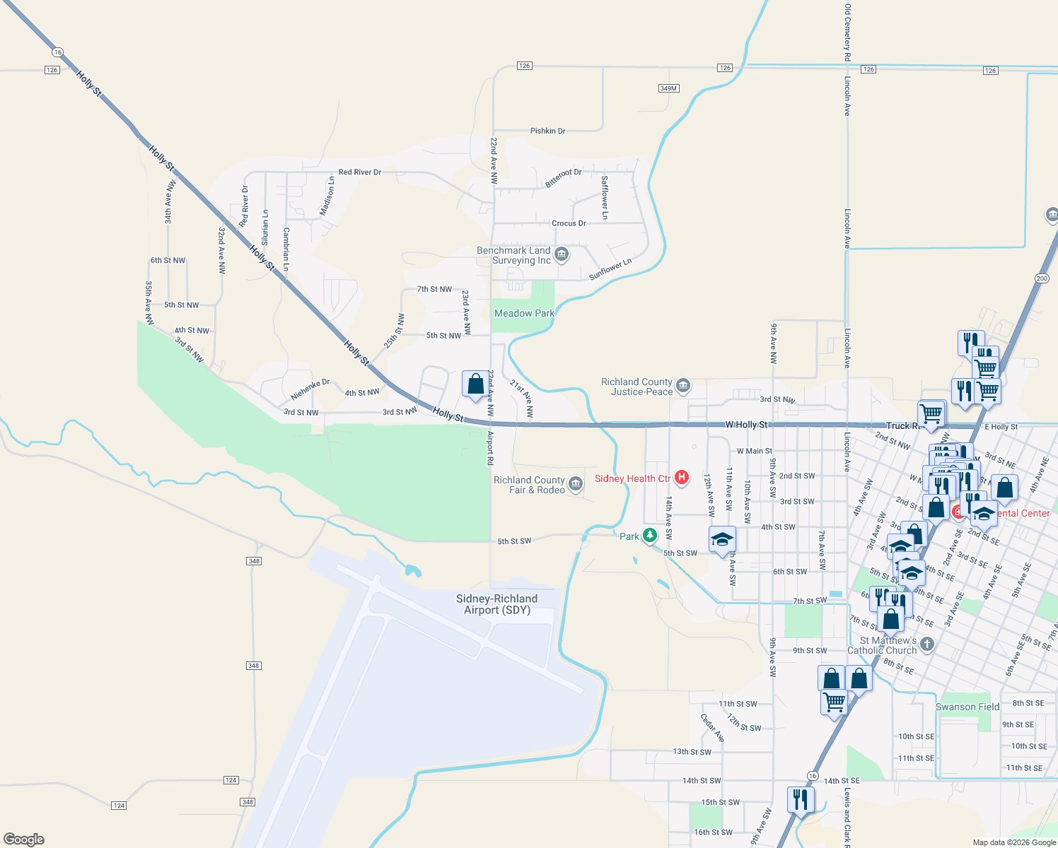 map of restaurants, bars, coffee shops, grocery stores, and more near 2020 W Holly St in Sidney