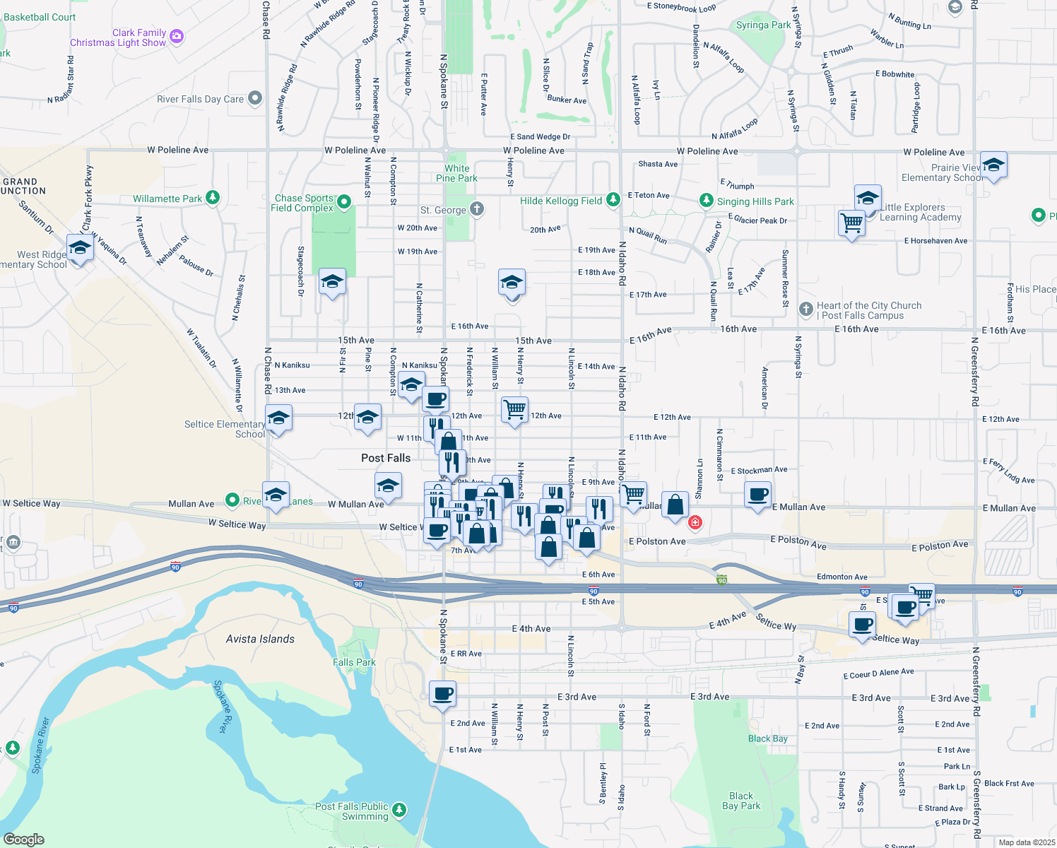 map of restaurants, bars, coffee shops, grocery stores, and more near 1120 North Henry Street in Post Falls