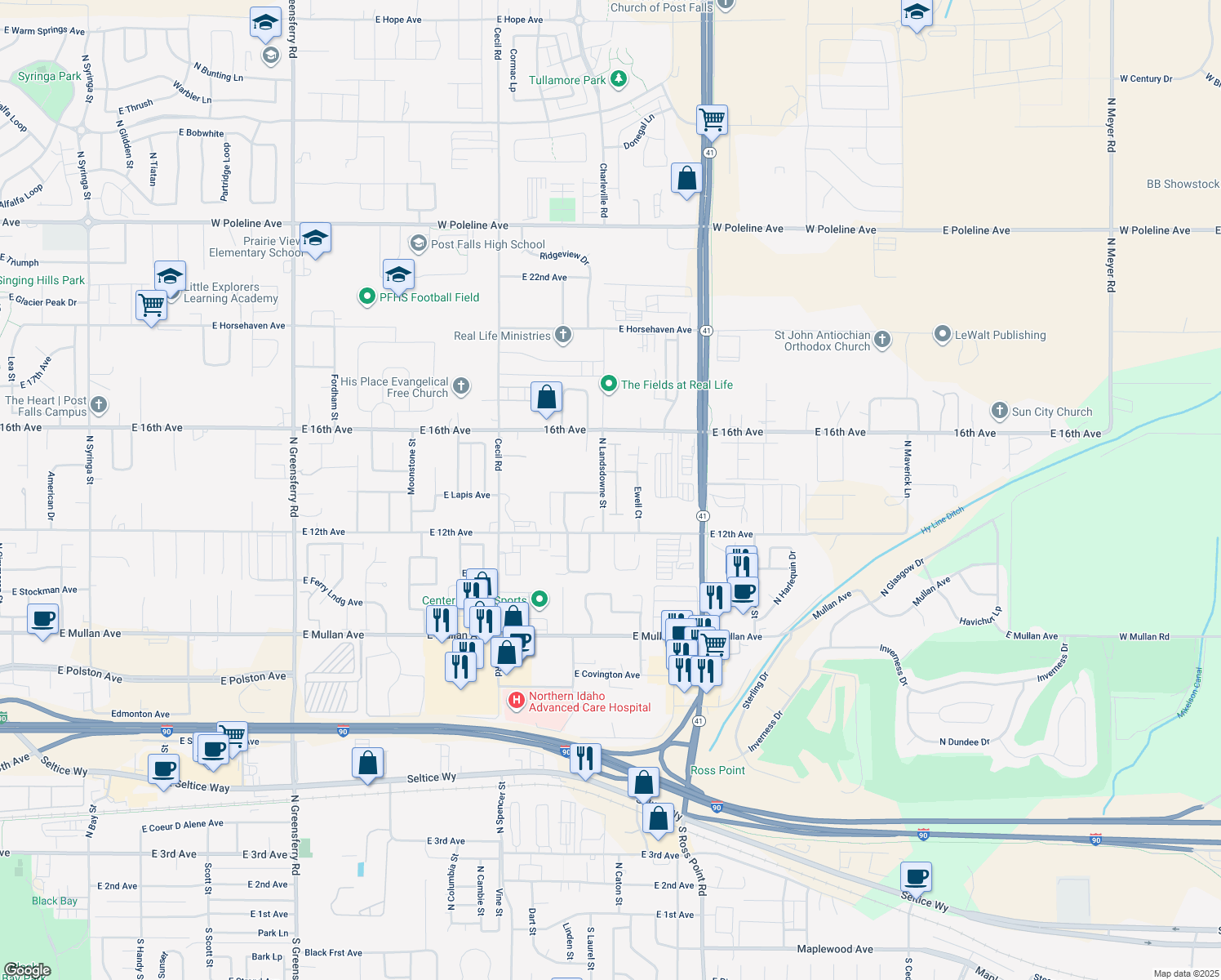 map of restaurants, bars, coffee shops, grocery stores, and more near 1385 North Brookhaven Lane in Post Falls