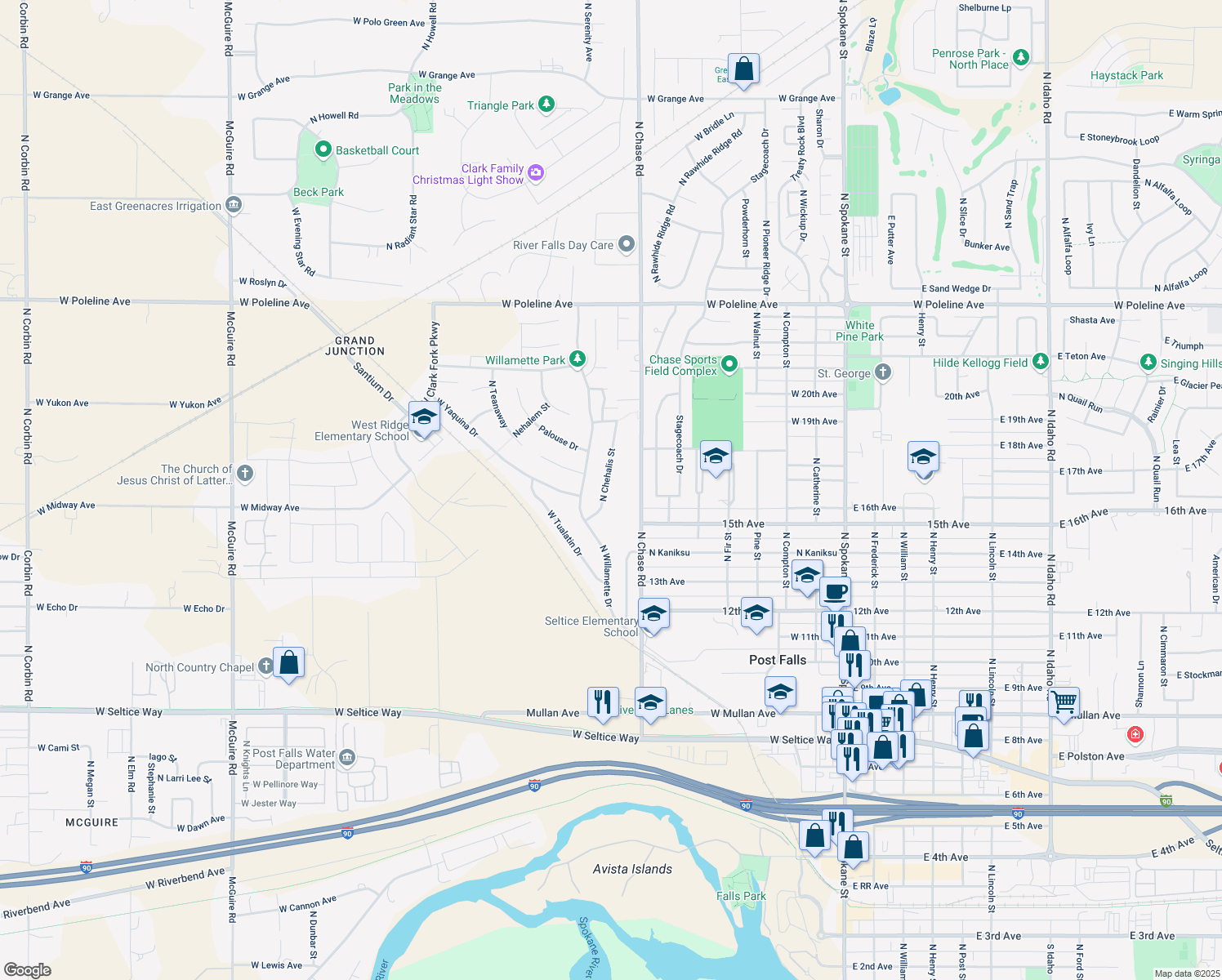 map of restaurants, bars, coffee shops, grocery stores, and more near 1714 North Chehalis Street in Post Falls