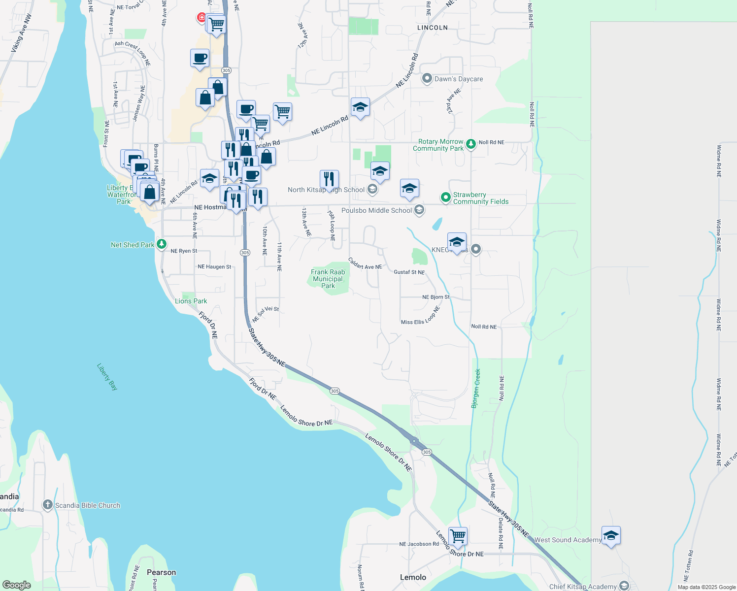 map of restaurants, bars, coffee shops, grocery stores, and more near 1717 Northeast Mount Kamela Court in Poulsbo