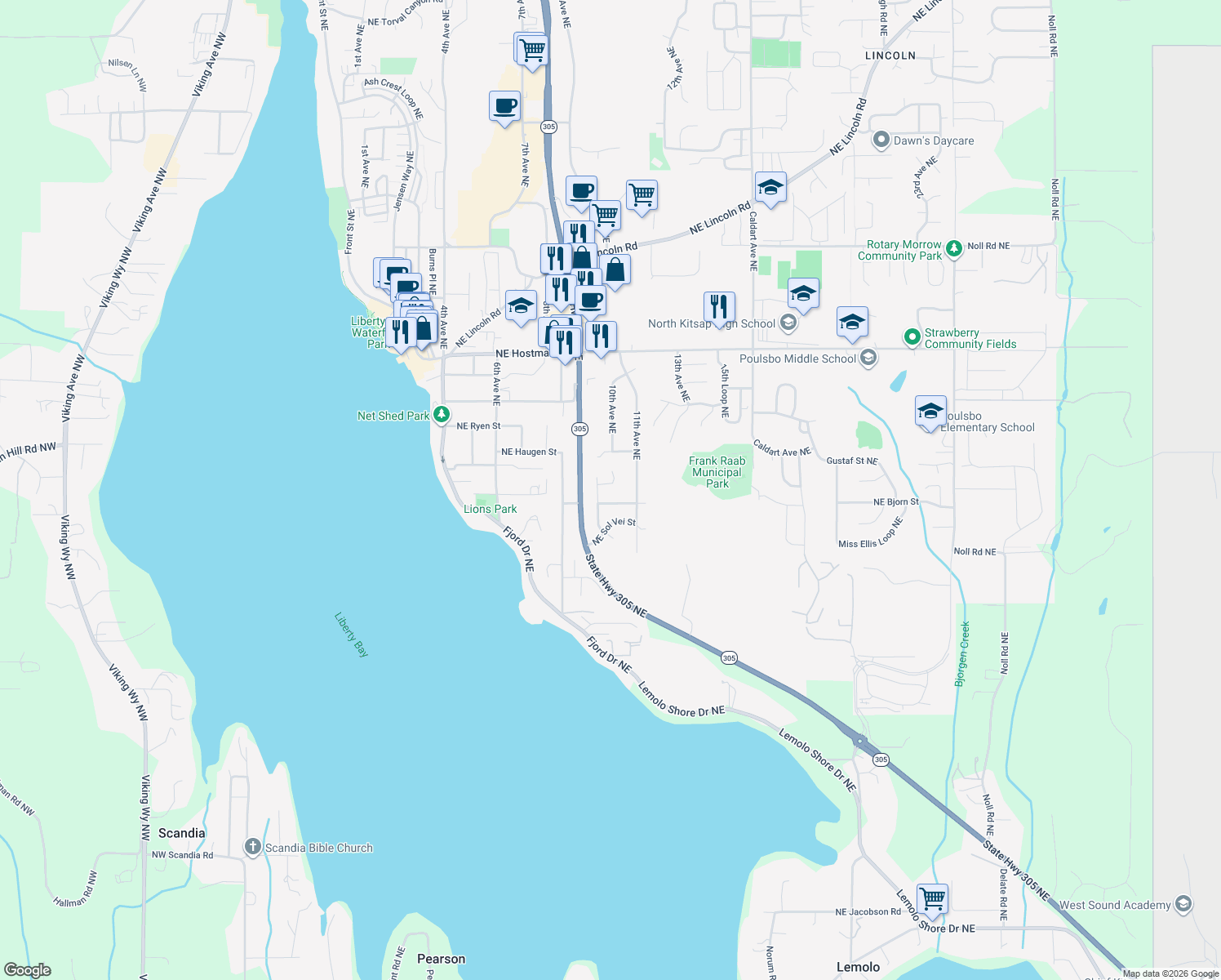 map of restaurants, bars, coffee shops, grocery stores, and more near 1049 Northeast Rindal Court in Poulsbo