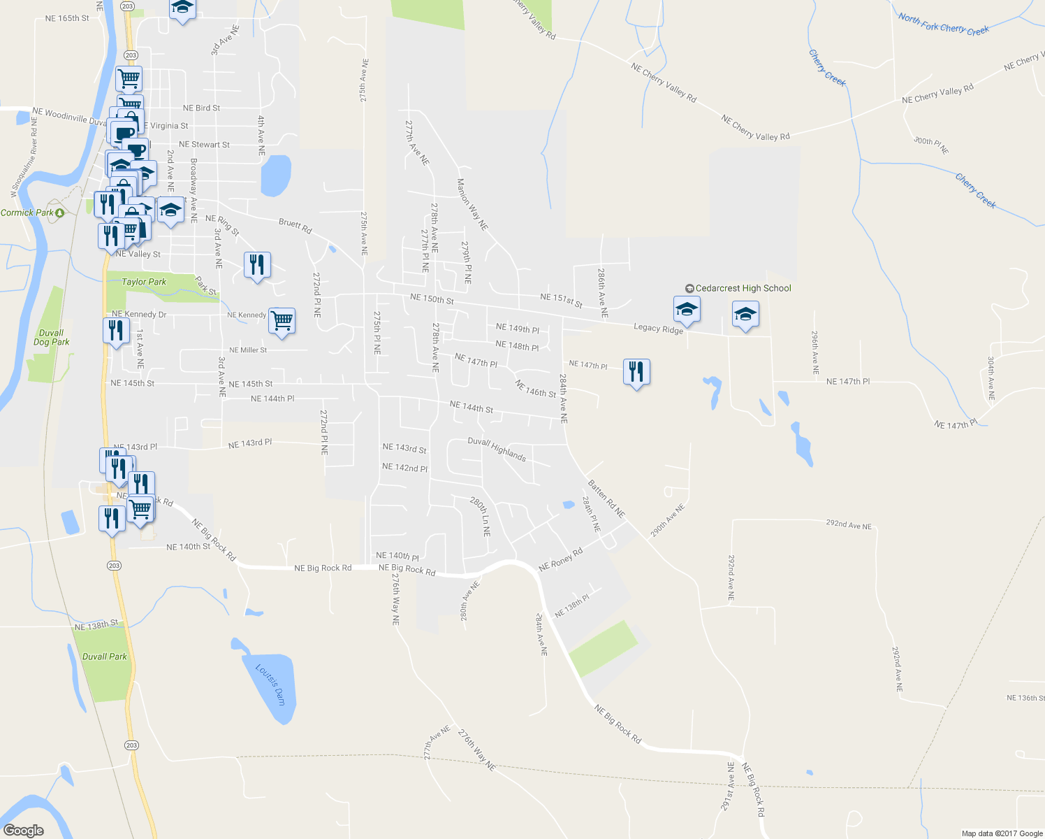 map of restaurants, bars, coffee shops, grocery stores, and more near 14321 282nd Place Northeast in Duvall