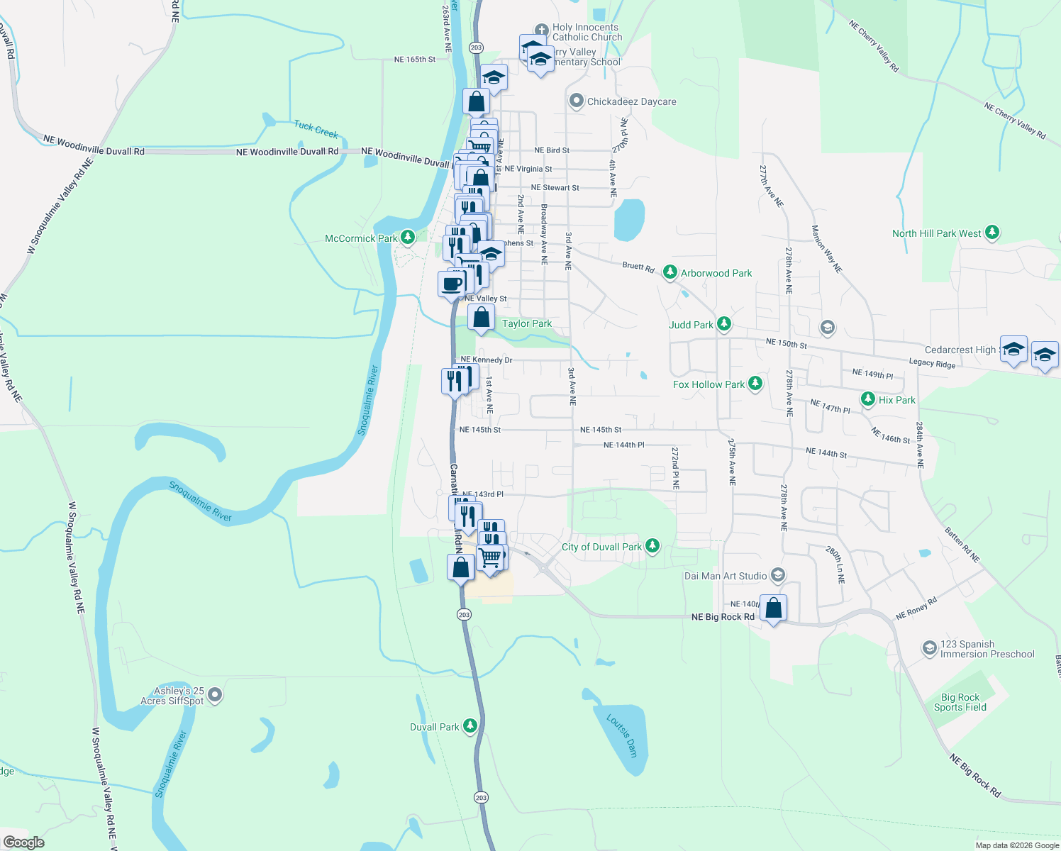 map of restaurants, bars, coffee shops, grocery stores, and more near 26607 Northeast Comegys Street in Duvall