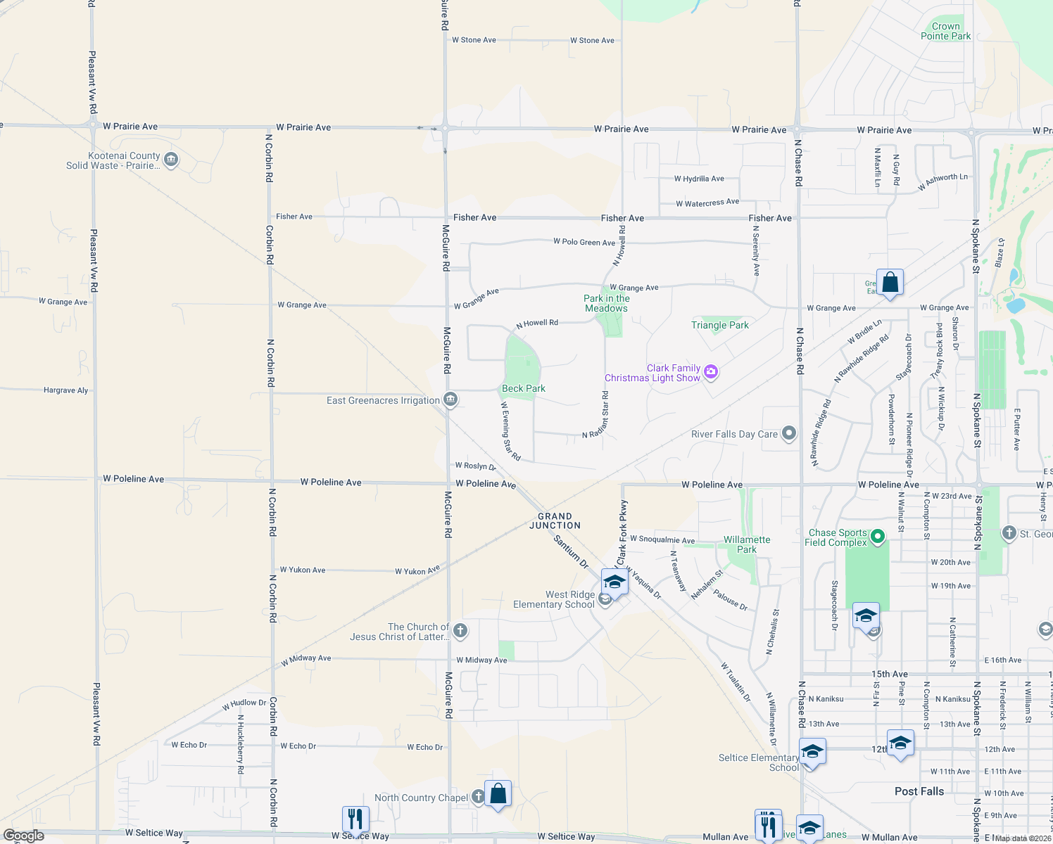 map of restaurants, bars, coffee shops, grocery stores, and more near 2697 North Distant Star Road in Post Falls