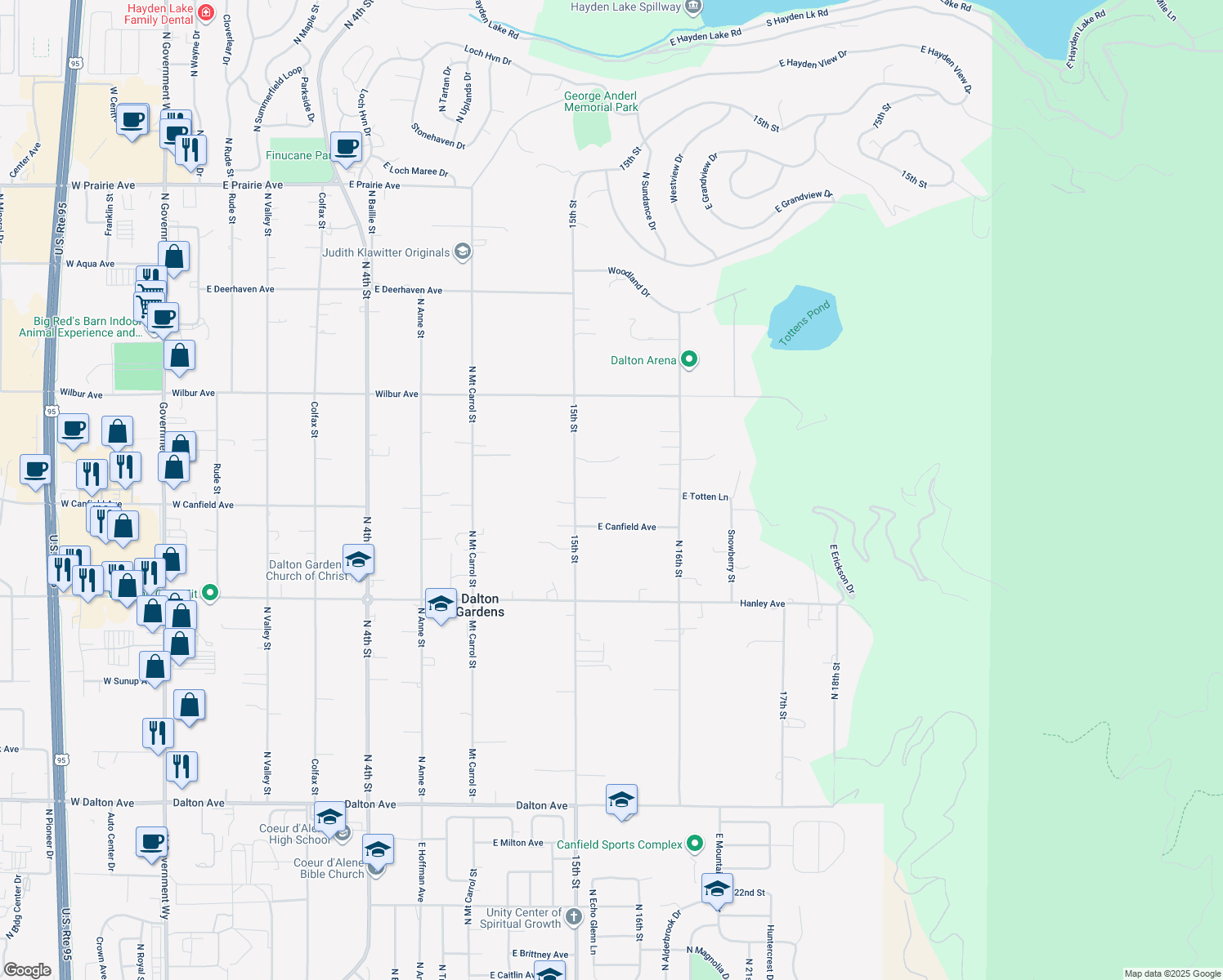 map of restaurants, bars, coffee shops, grocery stores, and more near 6800 North 15th Street in Dalton Gardens