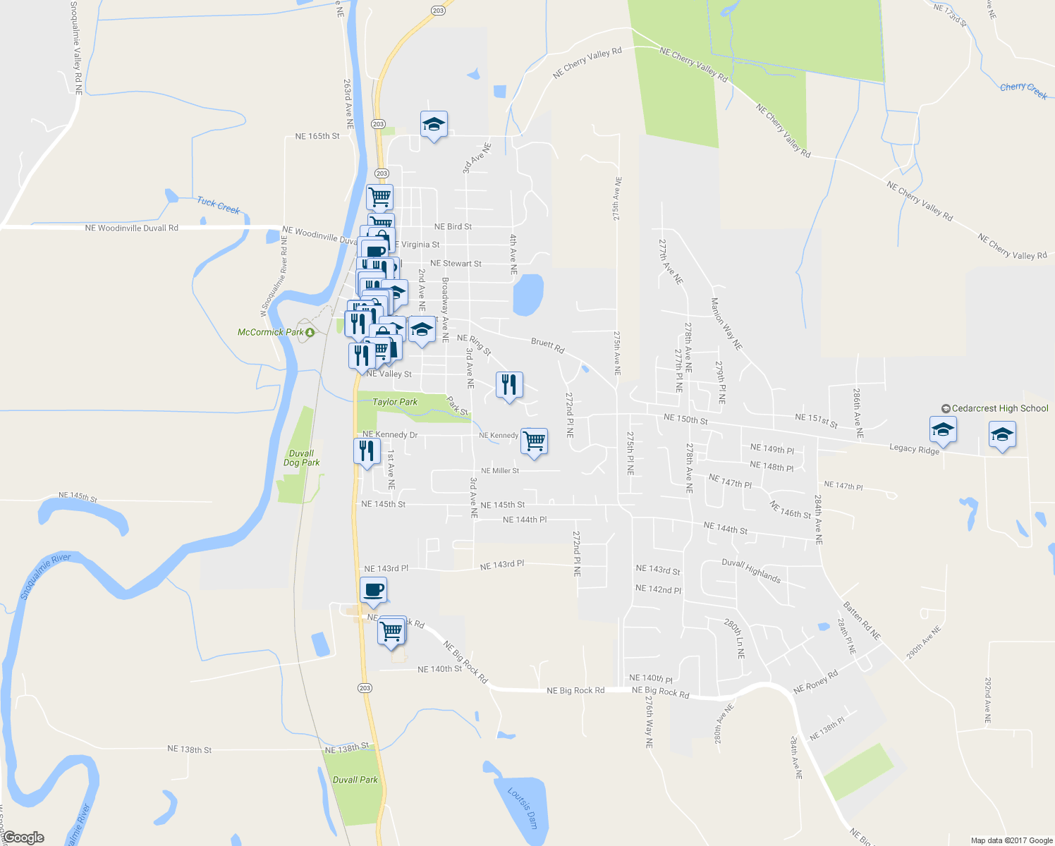 map of restaurants, bars, coffee shops, grocery stores, and more near 27020 Northeast Kennedy Drive in Duvall