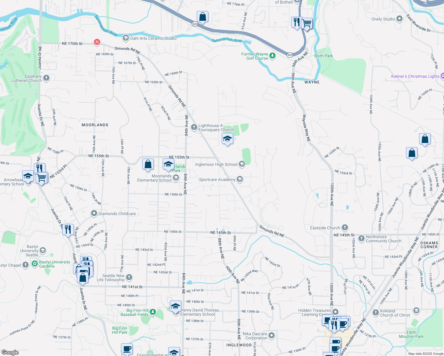 map of restaurants, bars, coffee shops, grocery stores, and more near 15226 88th Avenue Northeast in Kenmore