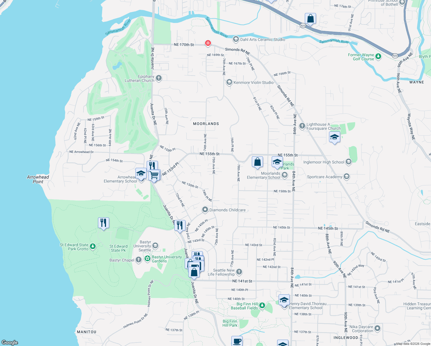 map of restaurants, bars, coffee shops, grocery stores, and more near 15058 75th Avenue Northeast in Kenmore